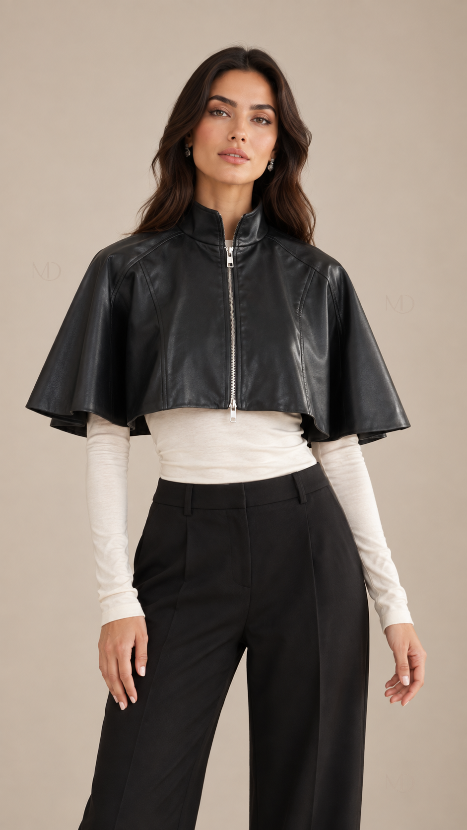 Noir Cropped Cape Jacket — Black model front
