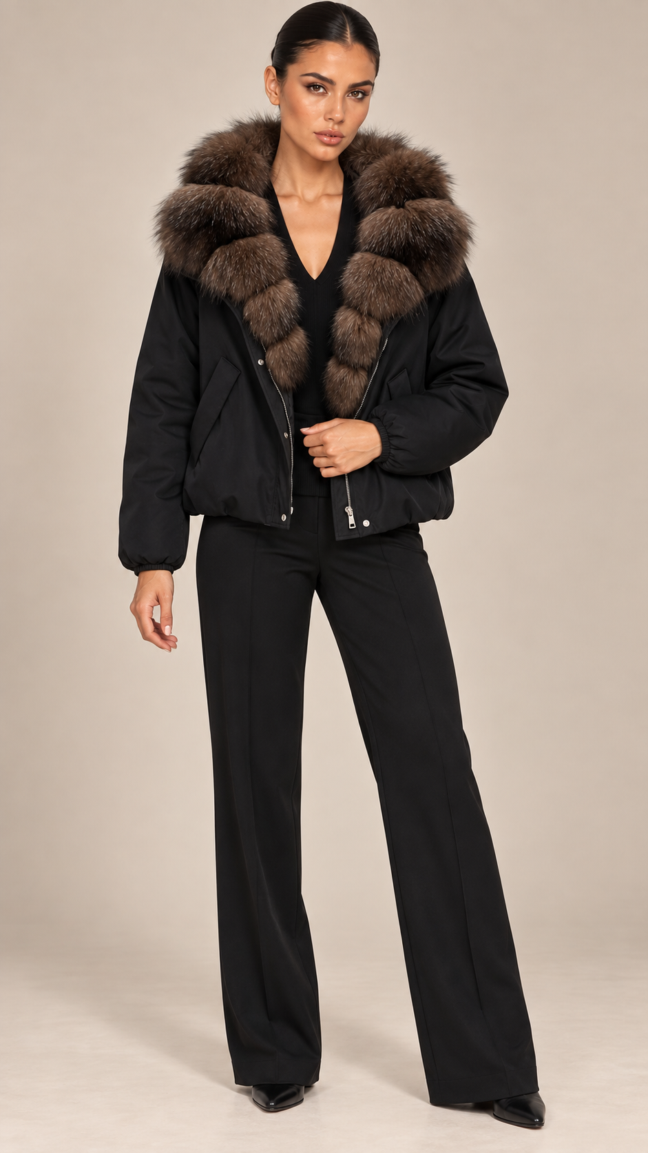 Seraphine Fur-Collar Puffer — Black model front