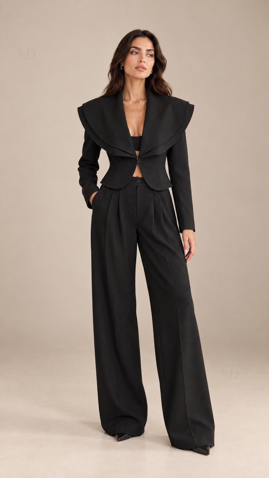 Celeste Wide-Lapel Suit Set — Black model front