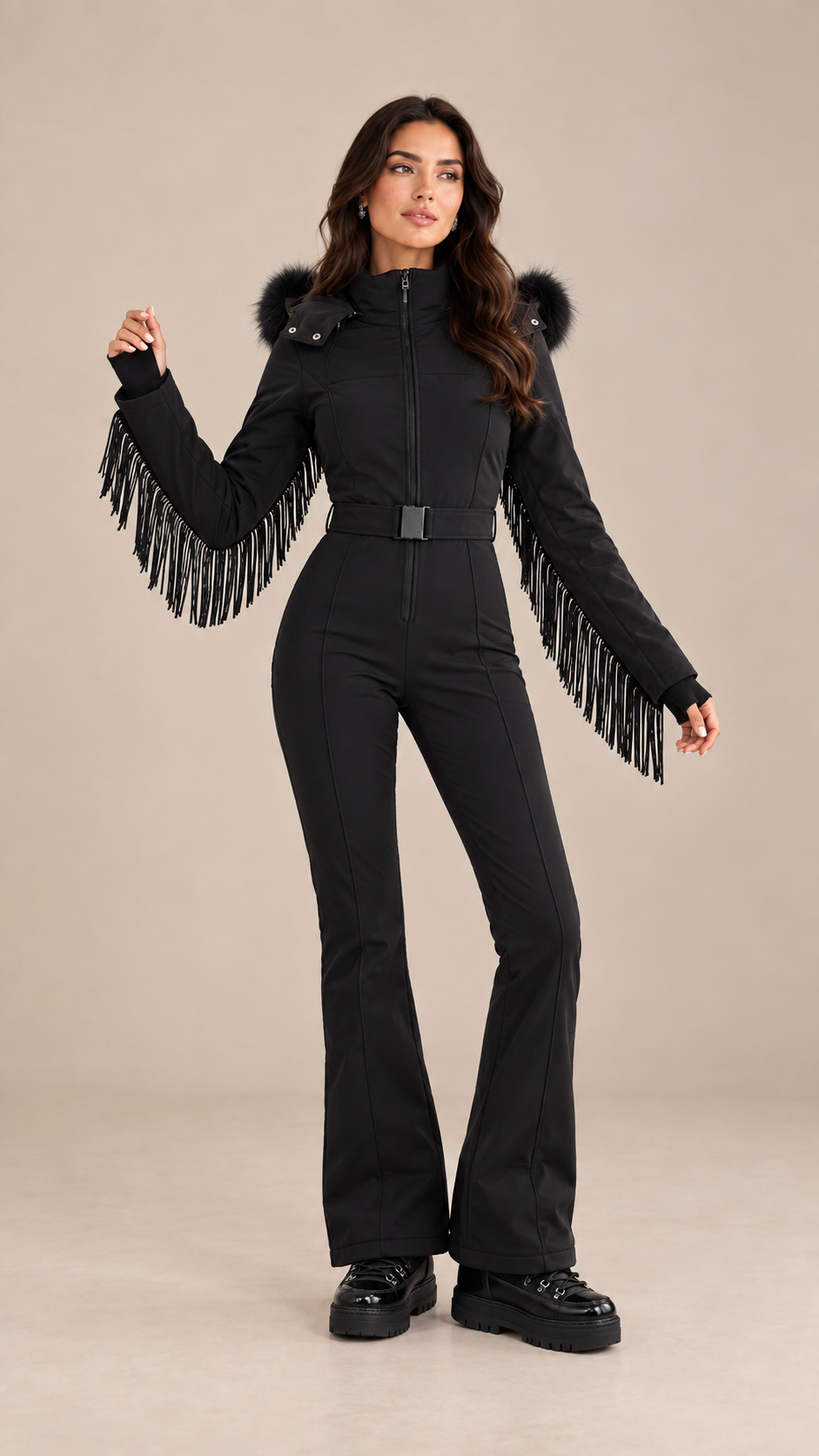 Aspen Fringed Ski Suit — Black model front