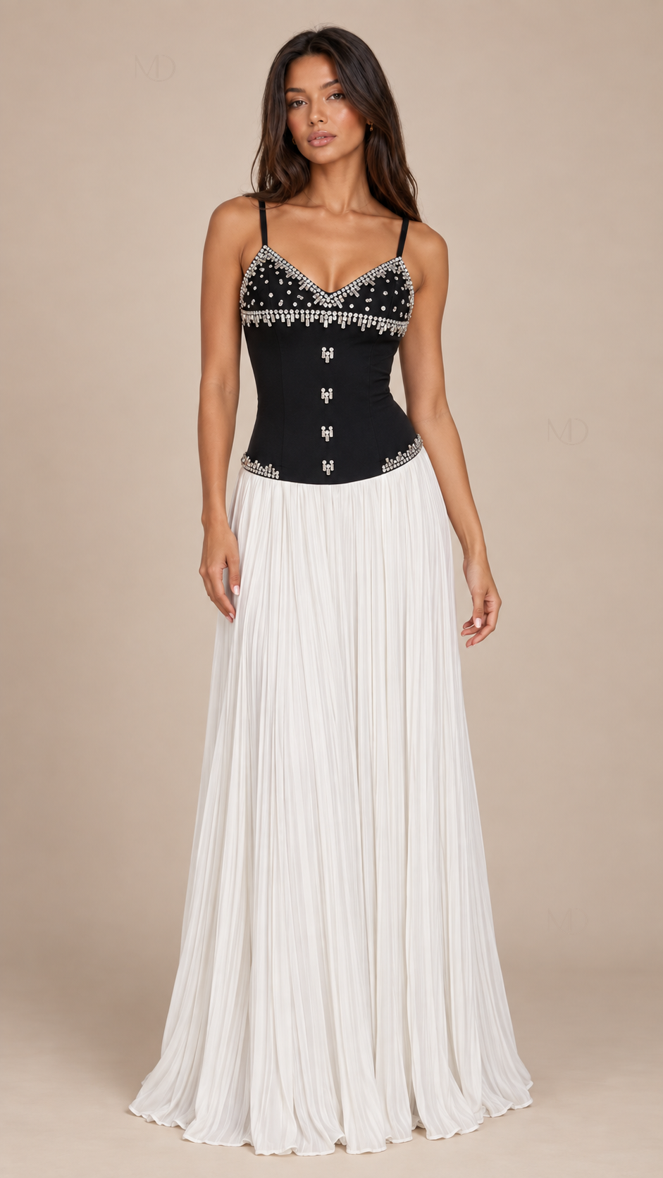 Valentina Beaded Pleated Maxi Dress — Black model front