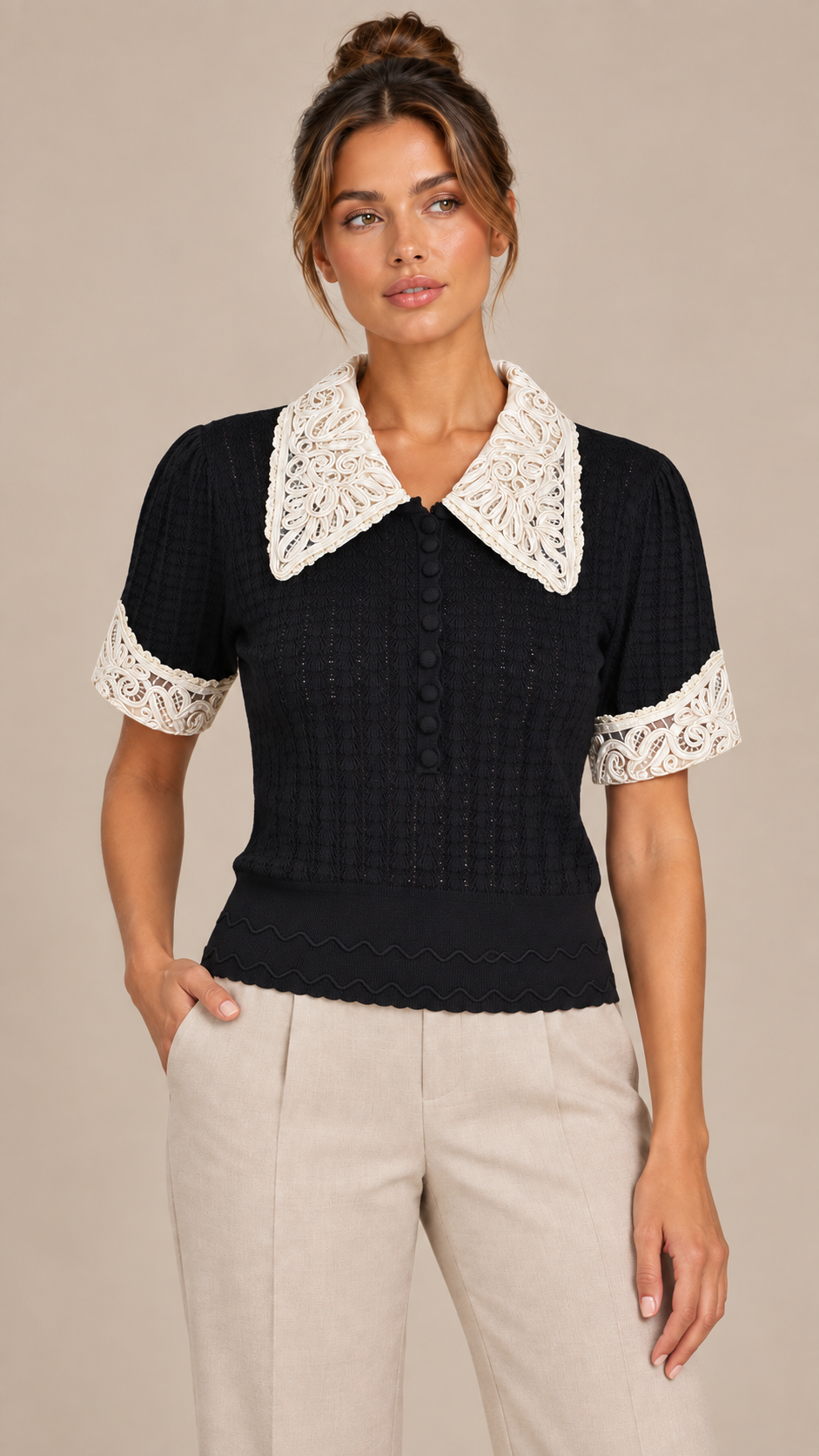 Colette Lace Collar Top — Black model front