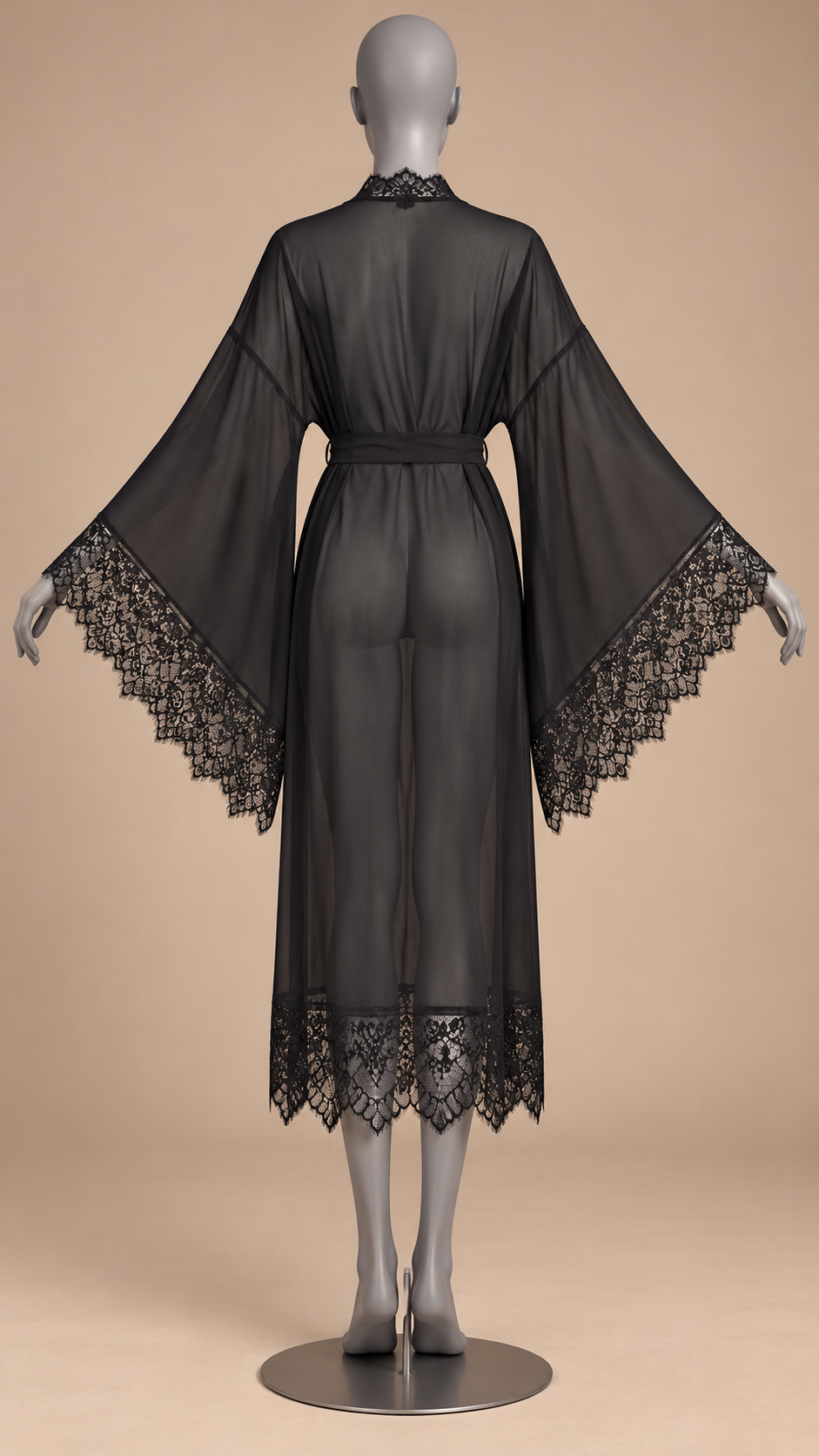 Rosaleen Bell-Sleeve Robe Set — Black Robe mannequin back