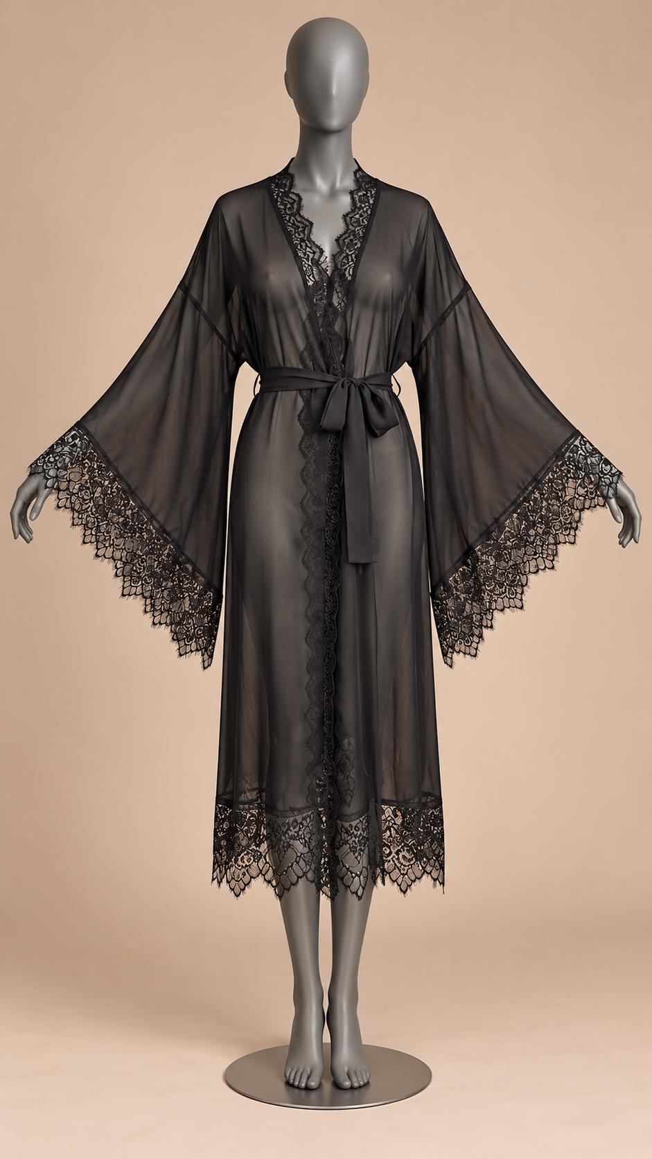 Rosaleen Bell-Sleeve Robe Set — Black Robe mannequin front