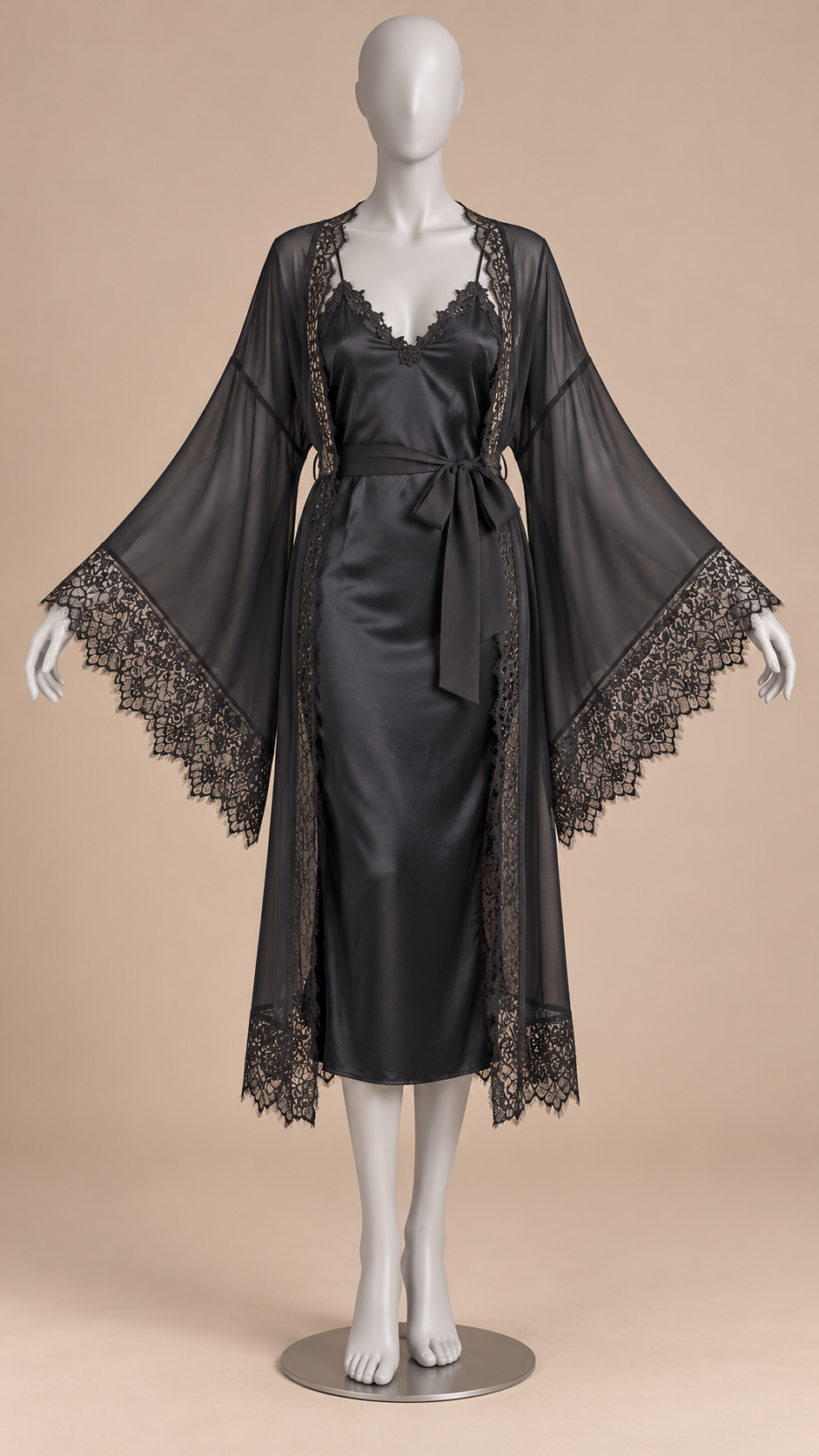 Rosaleen Bell-Sleeve Robe Set — Black Robe Set mannequin front