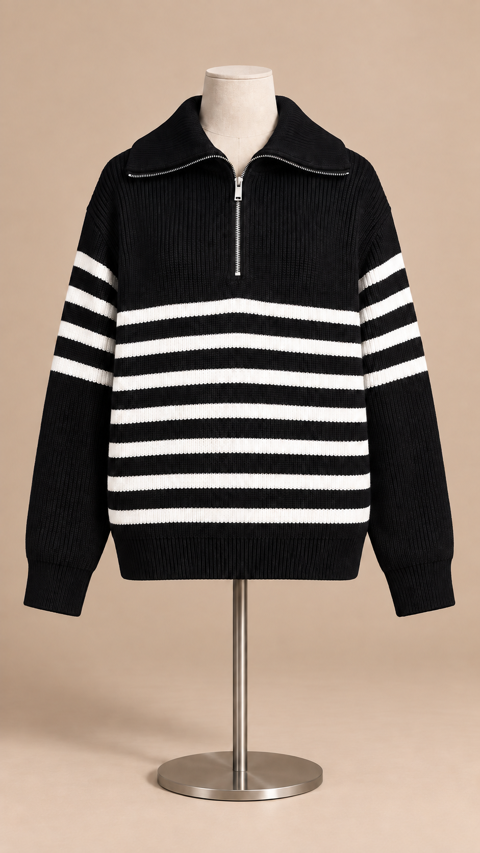 Isadora Half-Zip Sweater — Black stripes mannequin front
