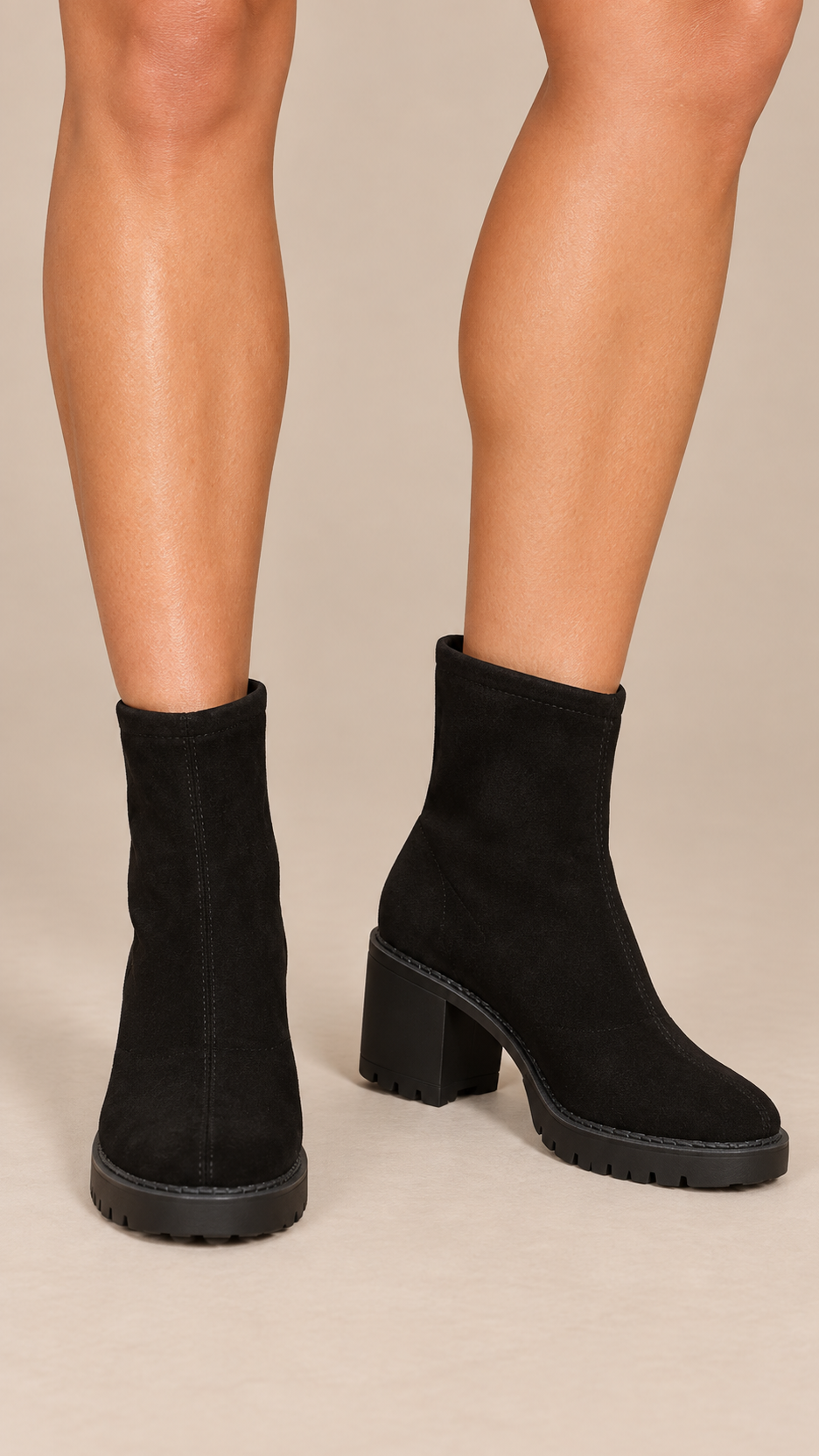 Vesna Block-Heel Boots — Black Suede worn closeup