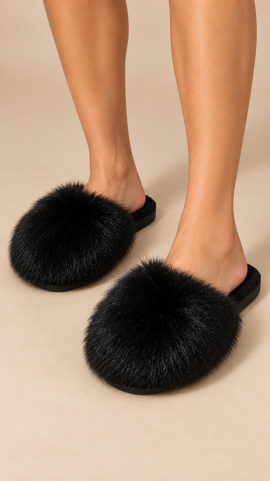 Ravelle Fluff Slipper — Black worn closeup