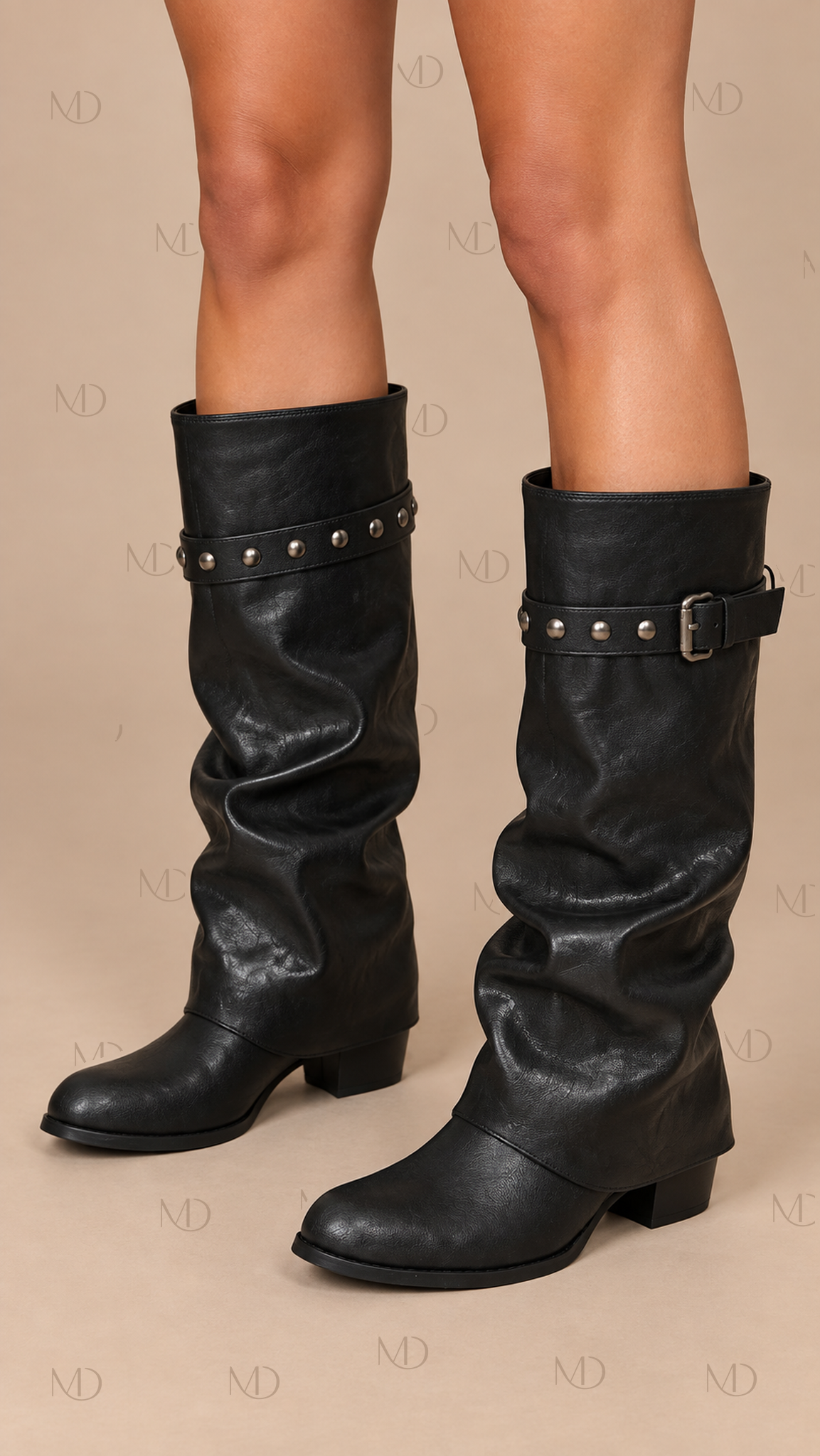 Dakota Ruched Western Boots — Black worn closeup
