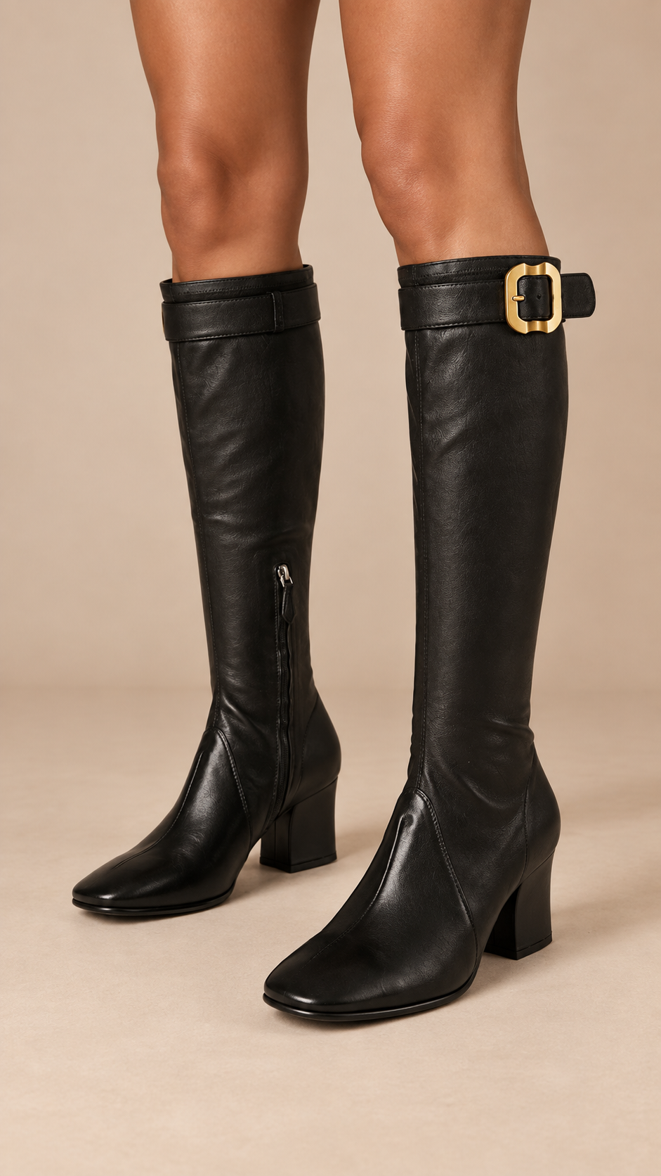 Imogen Stretch Knee Boots — Black worn closeup