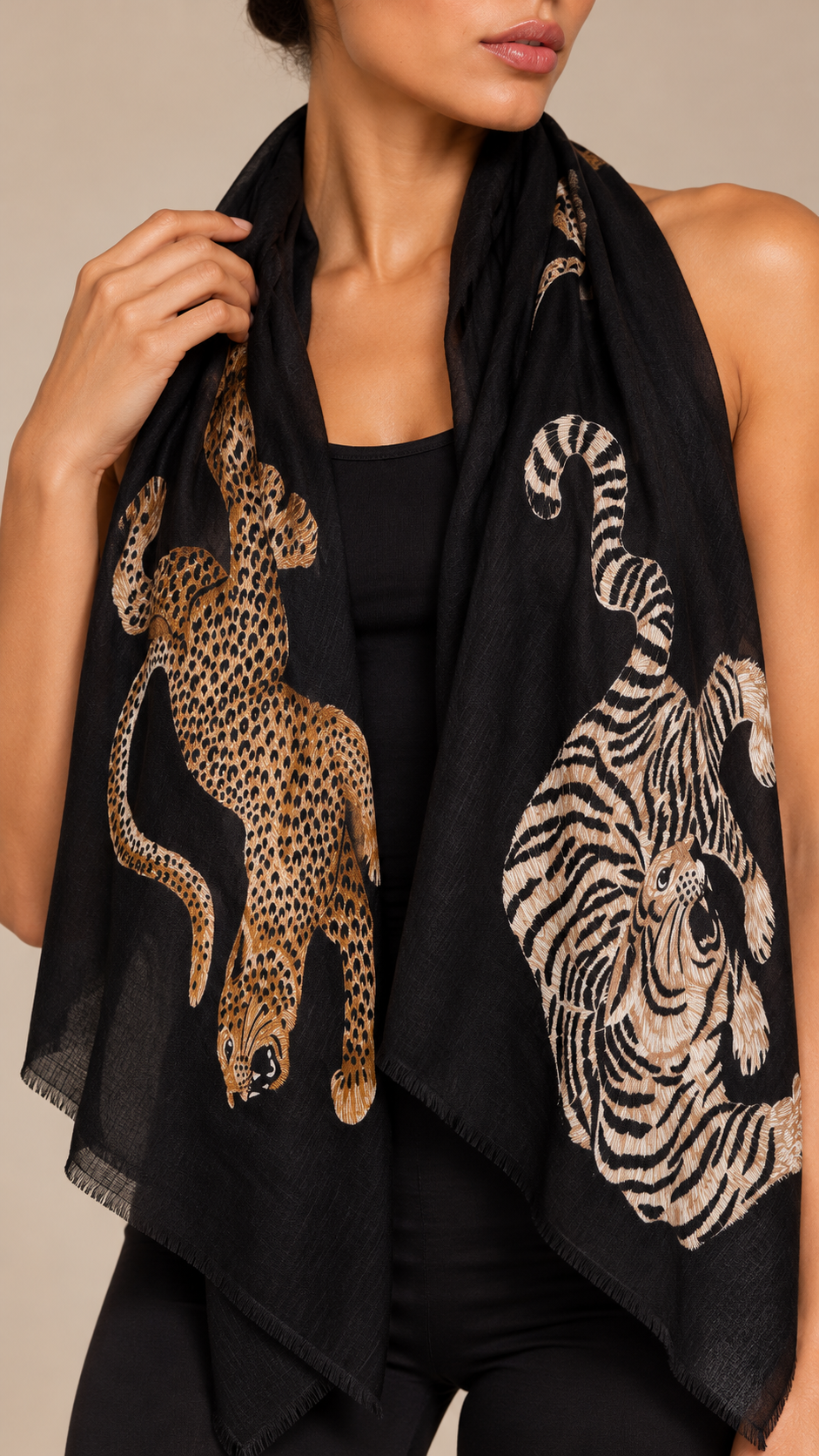 Ambrosine Leopard-Tiger Scarf — Black worn closeup