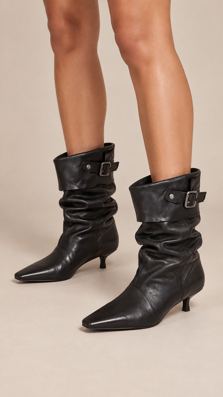 Delphine Slouch Boots — Black worn closeup