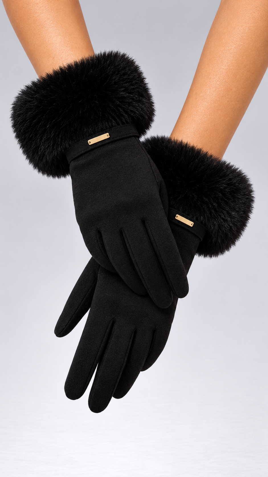 Albertine Plush-Cuff Gloves — Black worn closeup