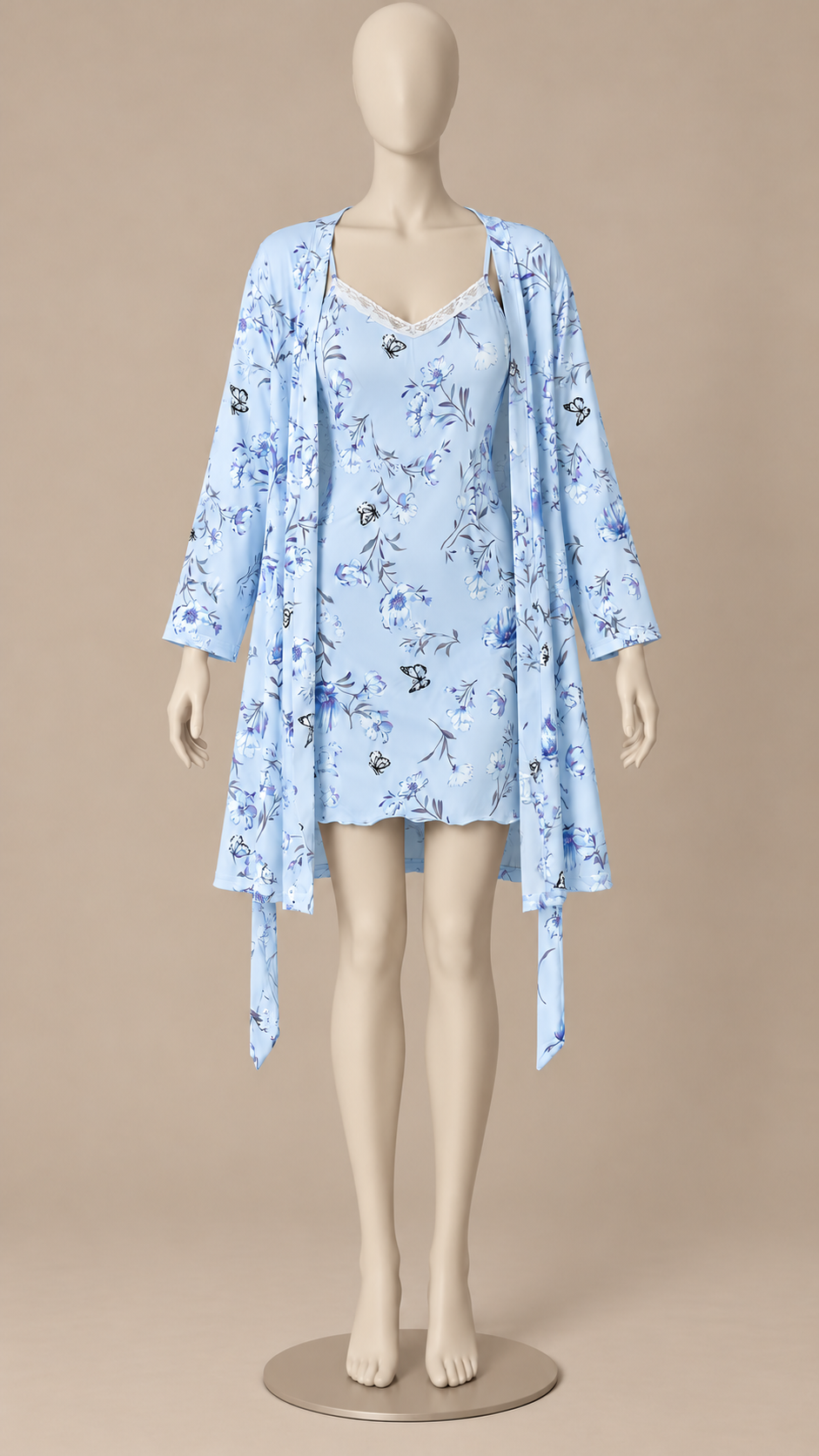Corinna Butterfly Robe Set — Blue Floral mannequin front
