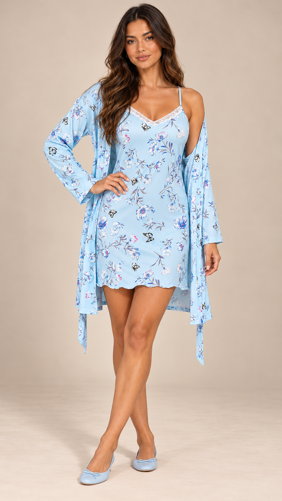 Corinna Butterfly Robe Set — Blue Floral model front