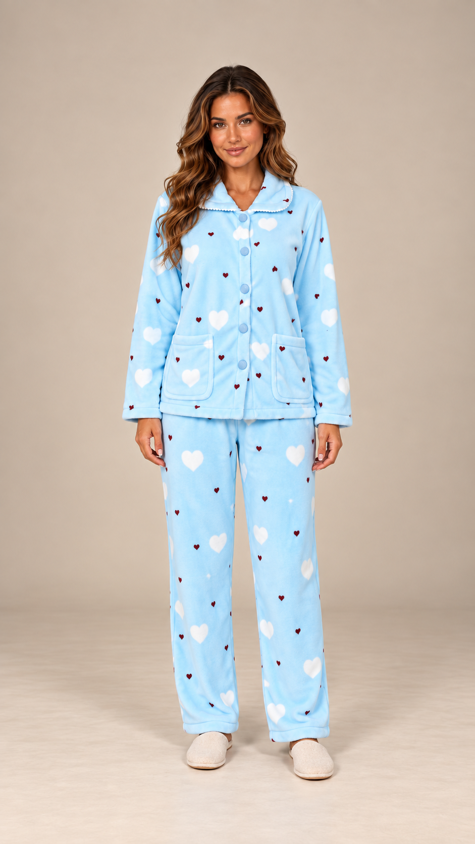 Eloise Fleece Pajama Set — Blue Hearts model front