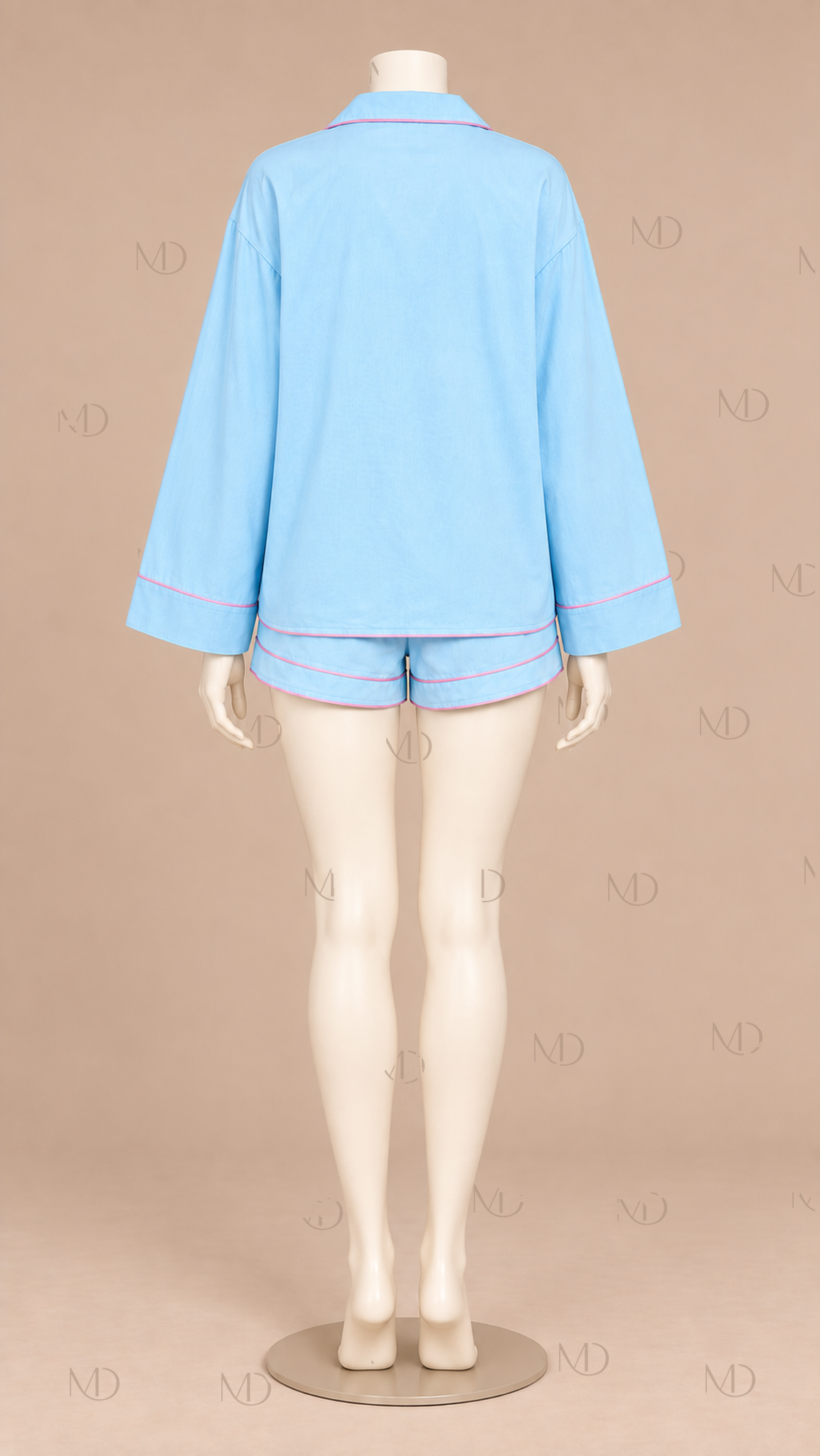 Celeste Piped Cotton Pajama Set — Blue mannequin back