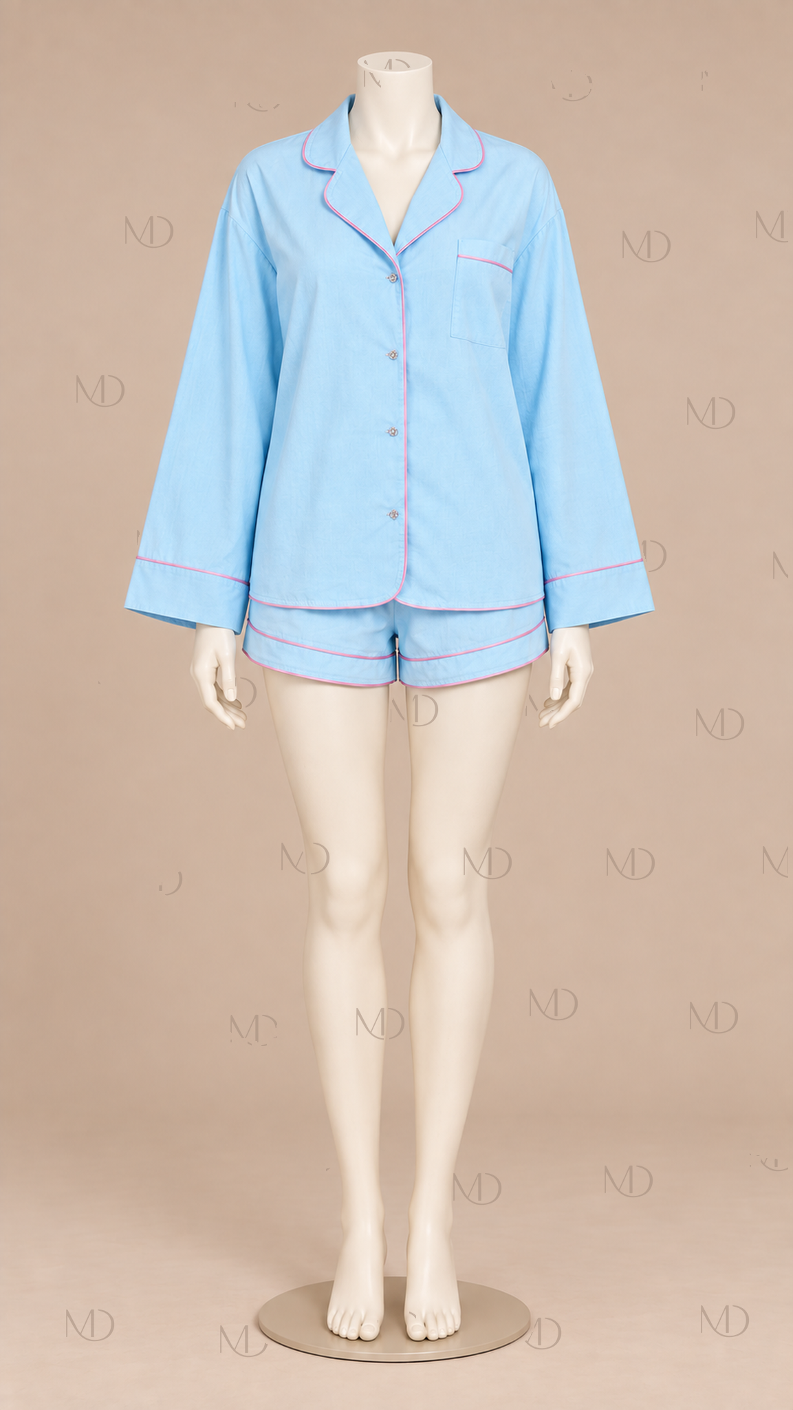 Celeste Piped Cotton Pajama Set — Blue mannequin front