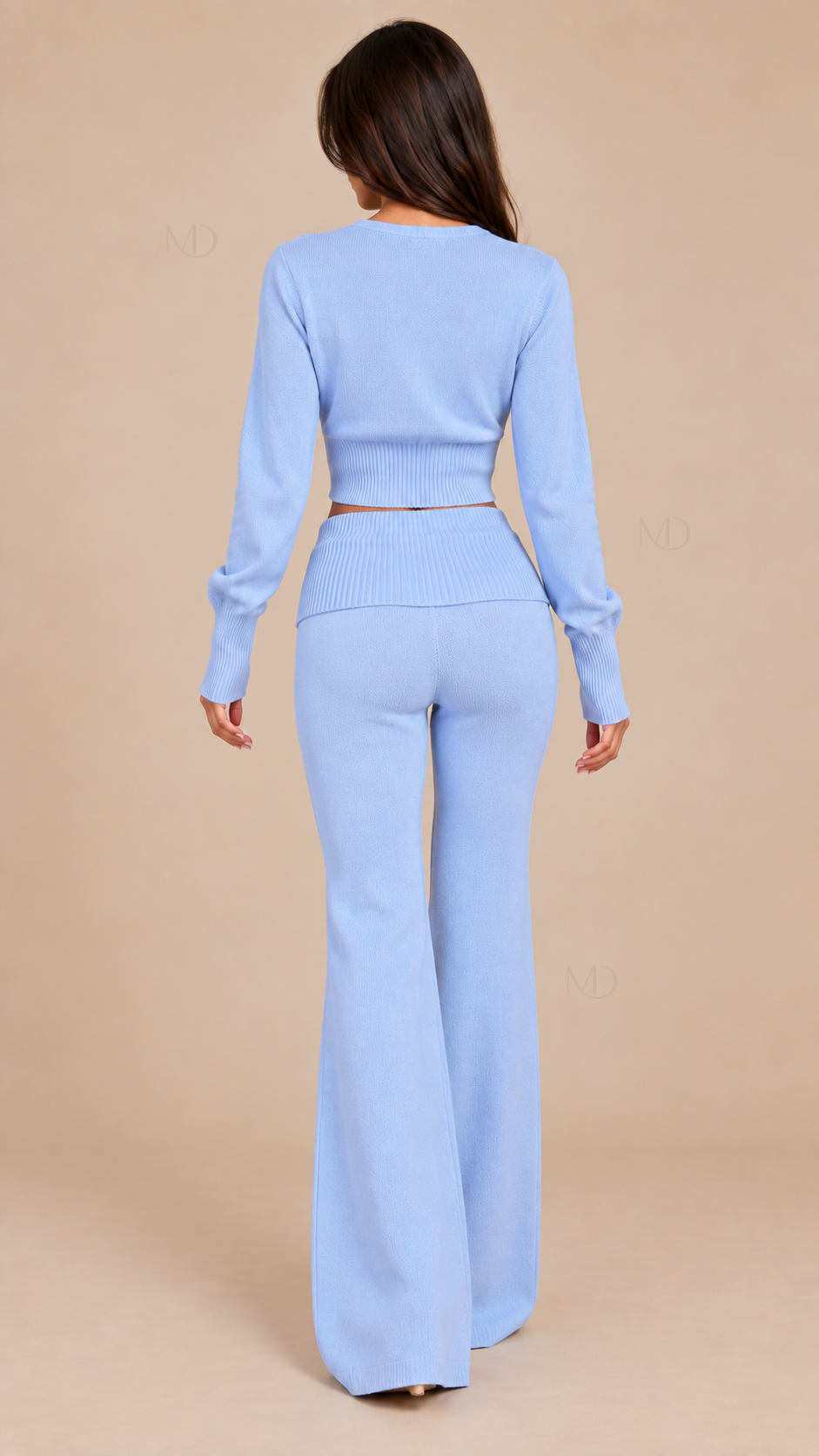 Mila Cropped Cardigan Pants Set — Blue model back