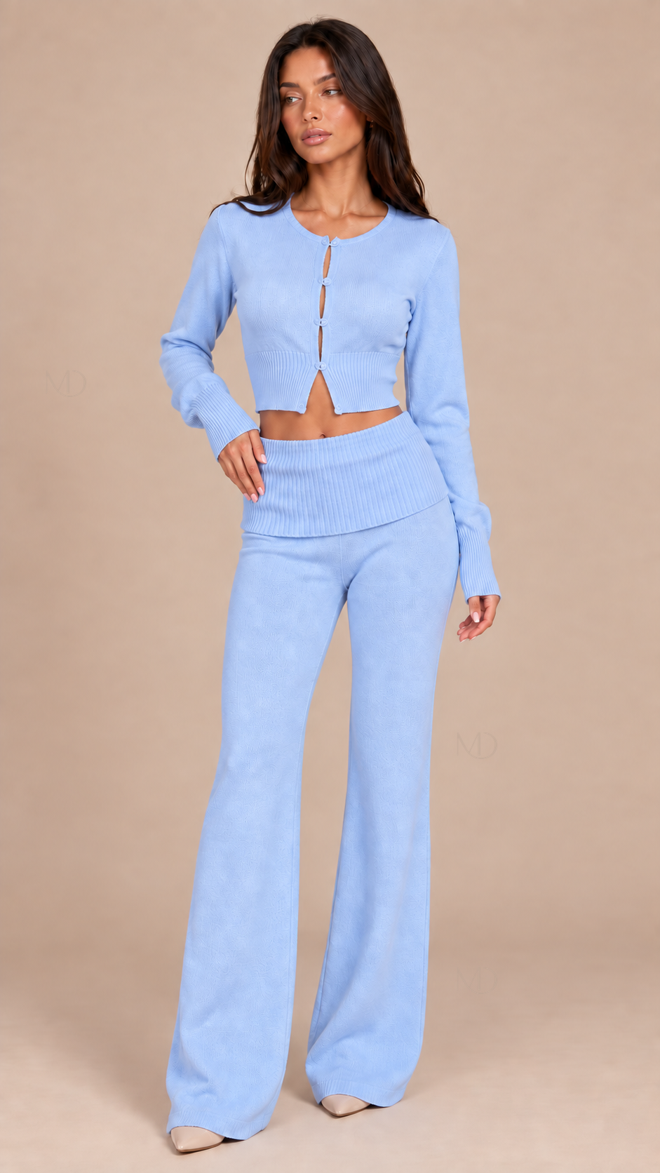 Mila Cropped Cardigan Pants Set — Blue model front