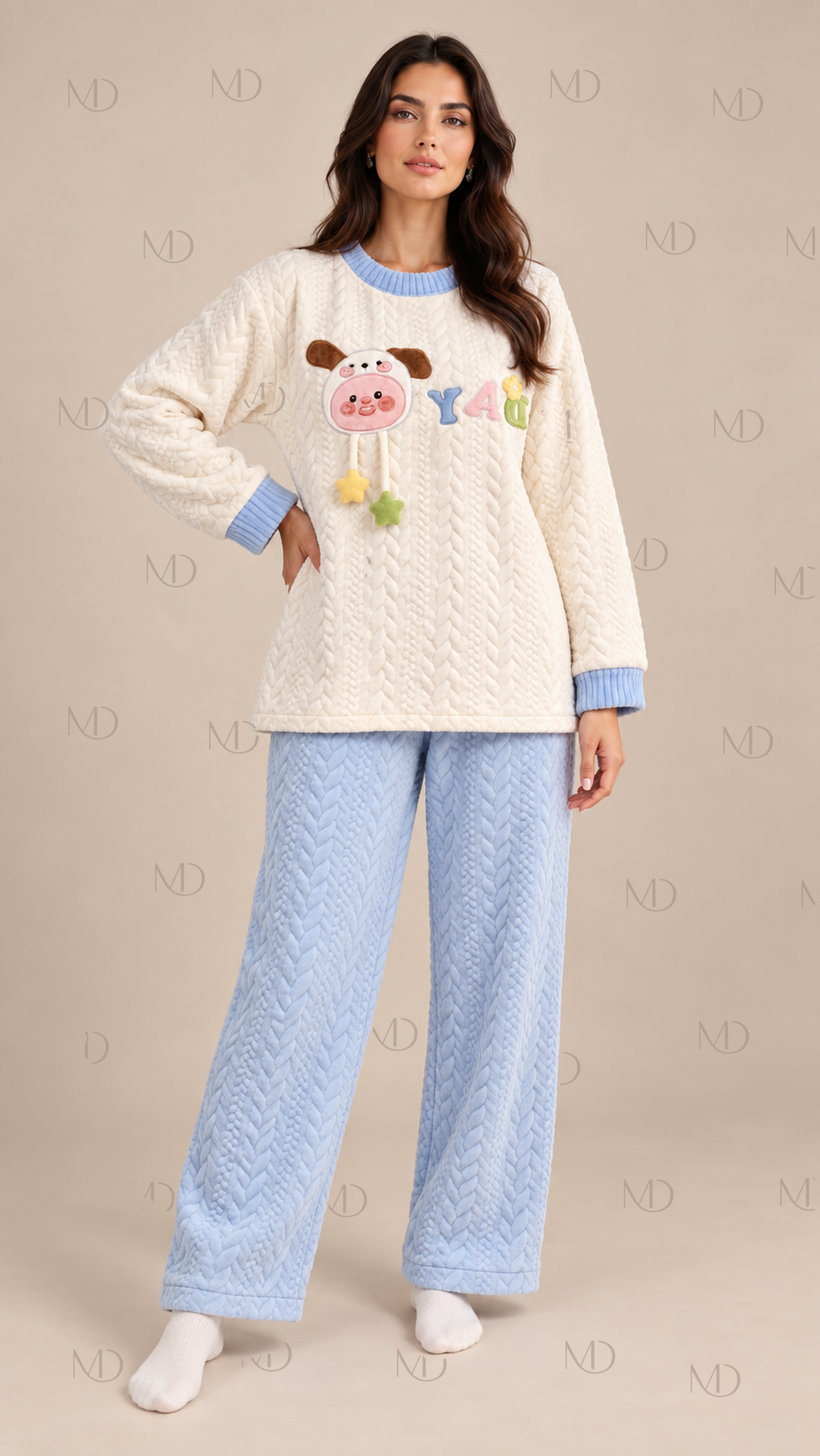 Cocoa Padded Cartoon Pajama Set — Blue model front