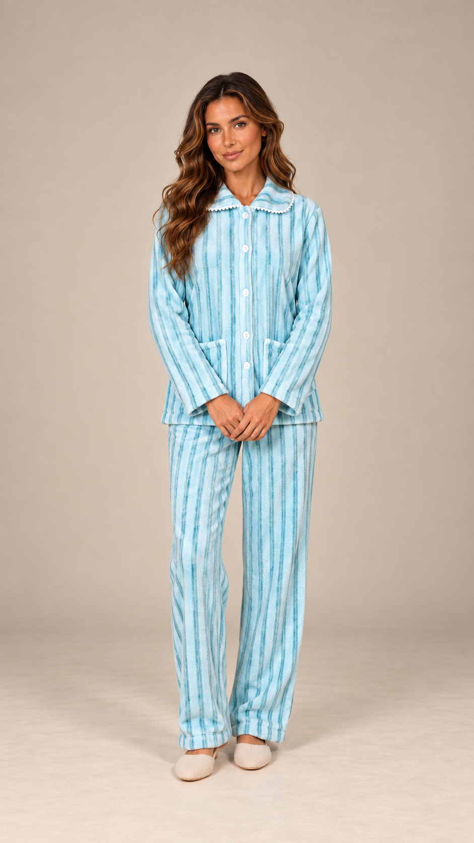 Eloise Fleece Pajama Set — Blue Stripe model front
