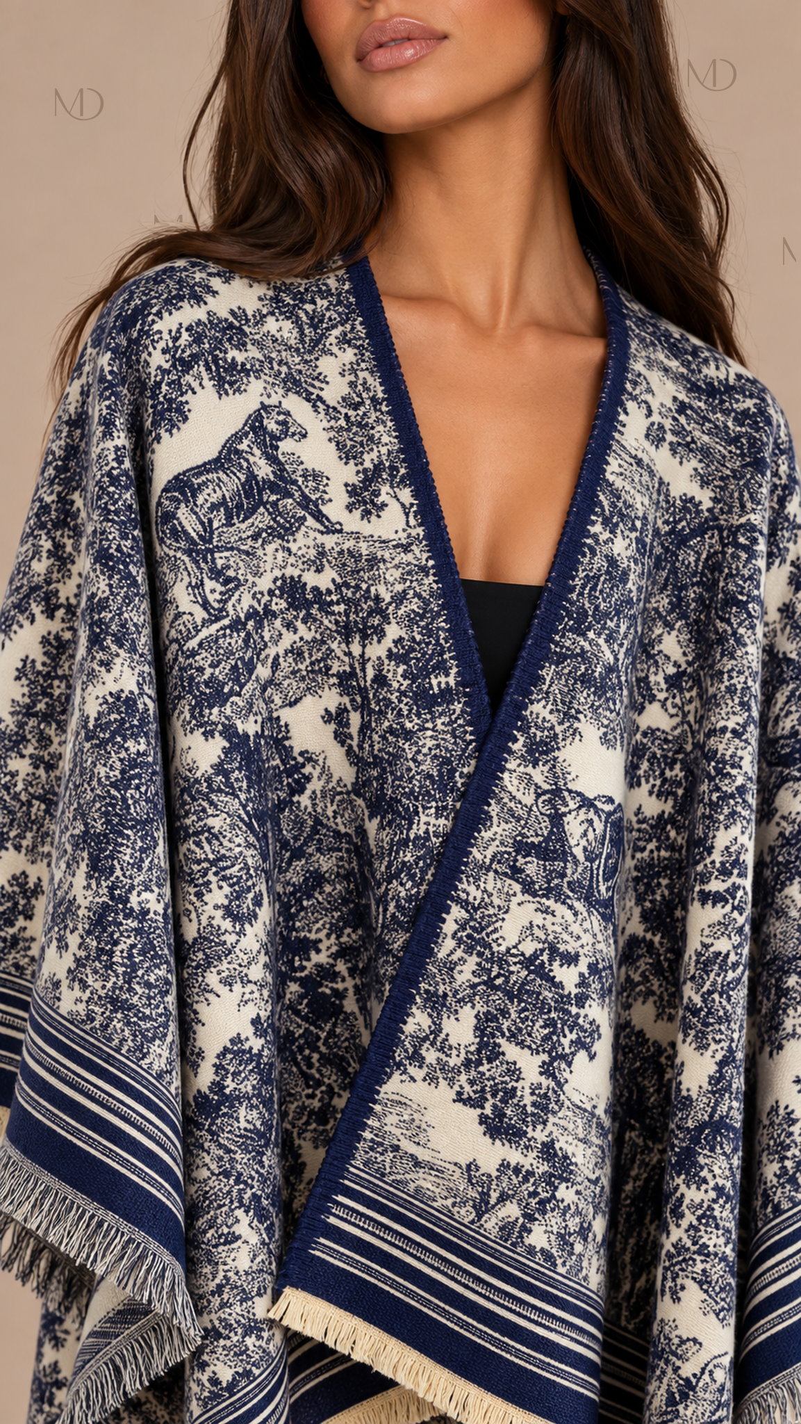 Odette Jacquard Shawl Cape — Blue worn closeup
