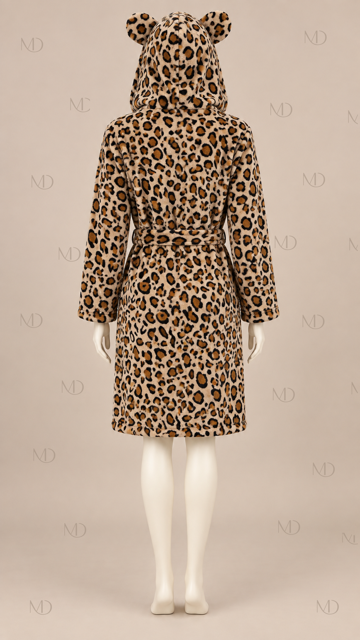 Leona Hooded Fleece Robe — Brown Leopard mannequin back