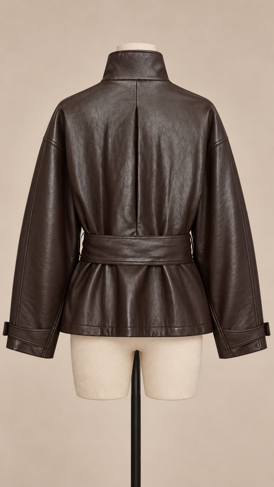 Vivienne Belted Moto Jacket — Brown mannequin back