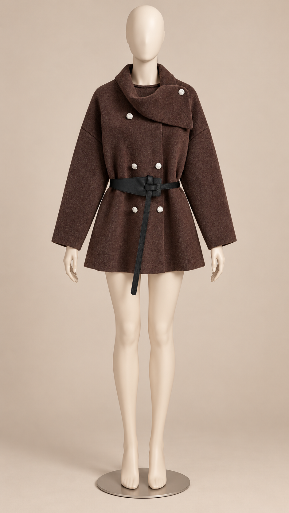 Philippine Sash-Belt Cardigan — Brown mannequin front