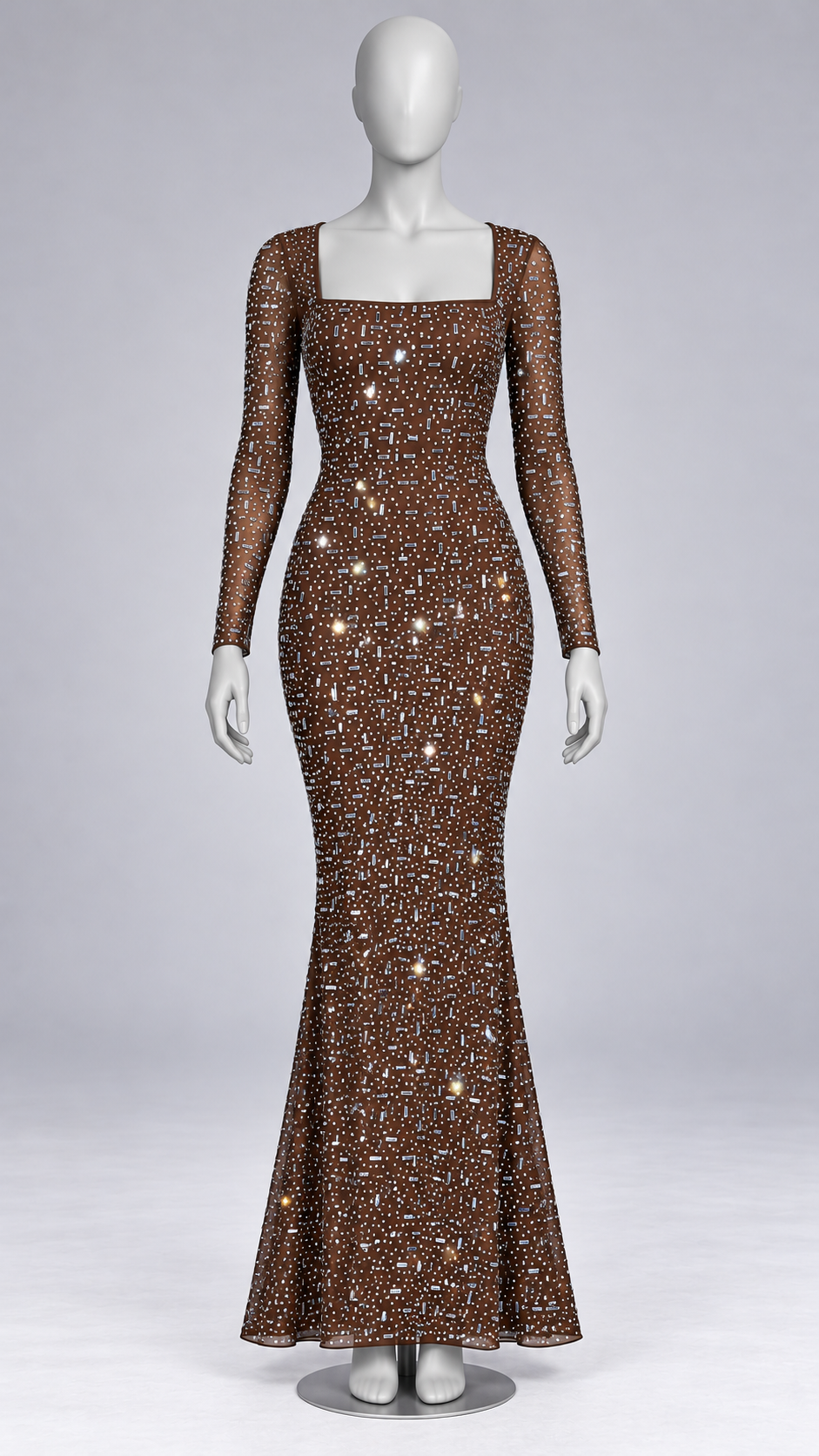 Amaryllis Sheer-Mesh Maxi — Brown mannequin front