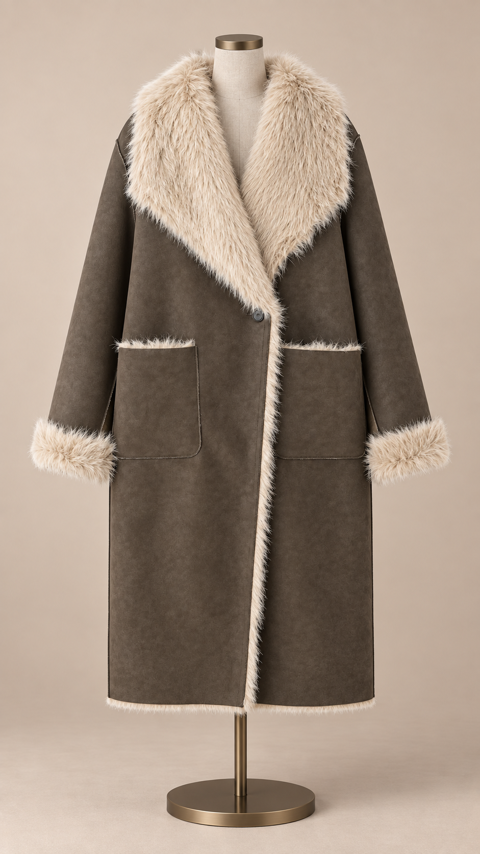 Noelle Reversible Shearling Coat — Brown mannequin front