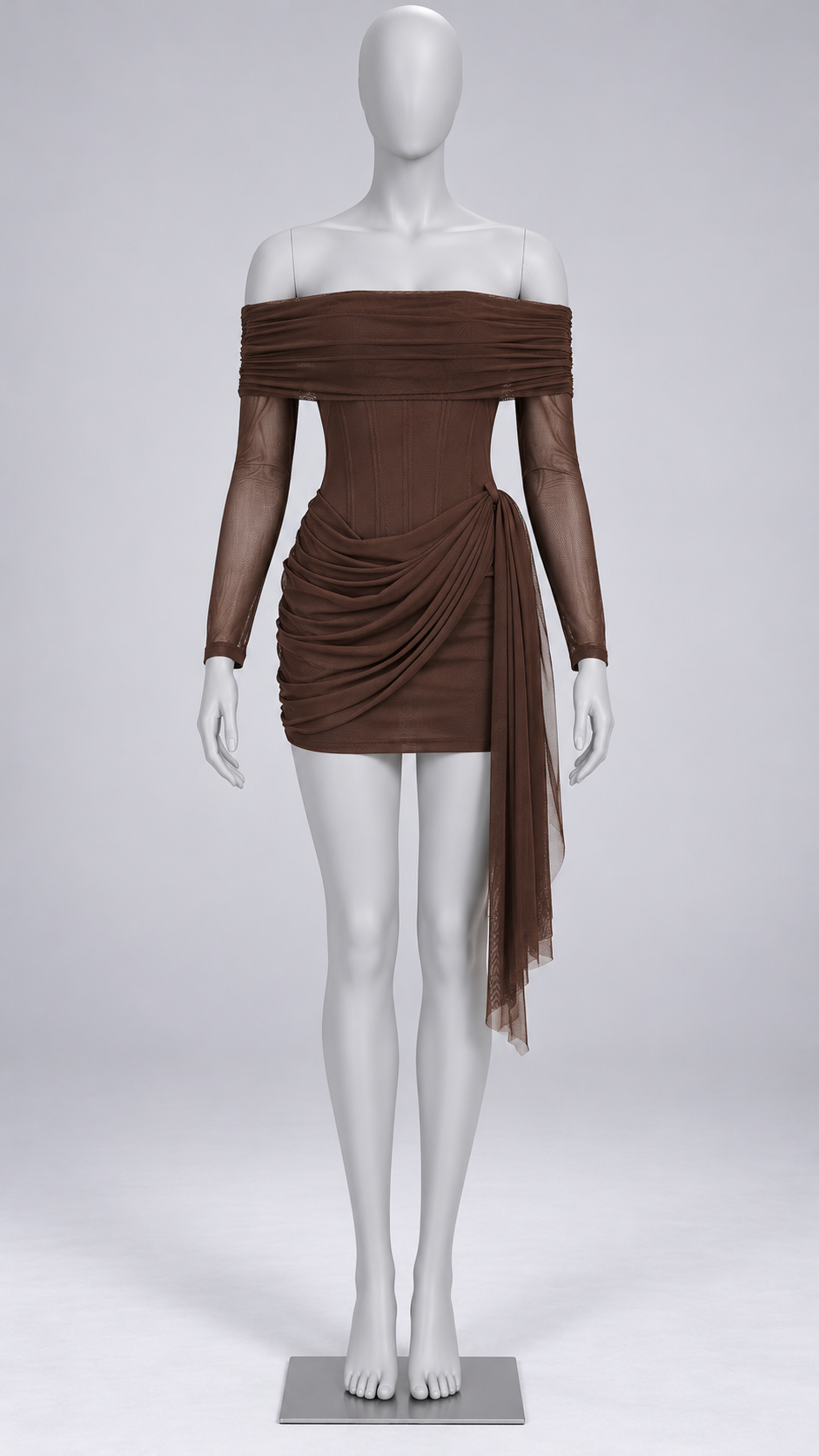 Cordelia Corset-Drape Mini — Brown mannequin front
