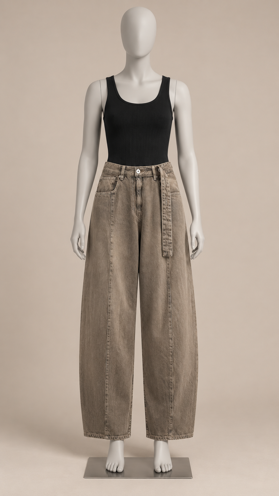 Henrike Whiskered Barrel Jeans — Brown mannequin front