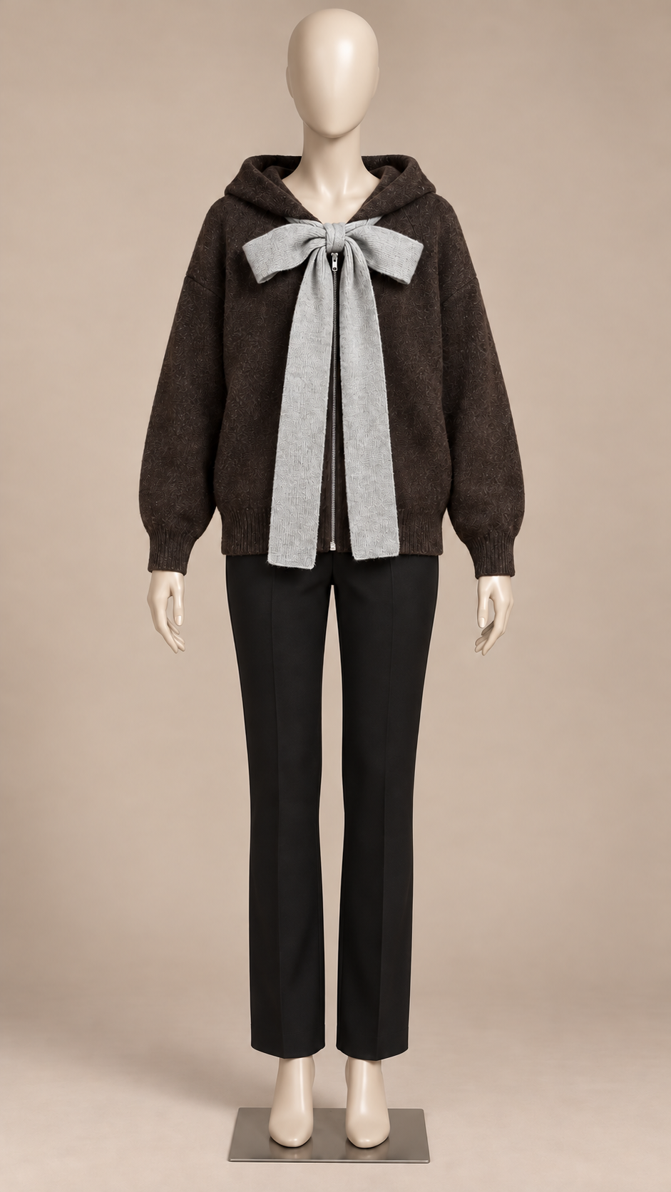 Marta Bow-Scarf Cardigan — Brown mannequin front