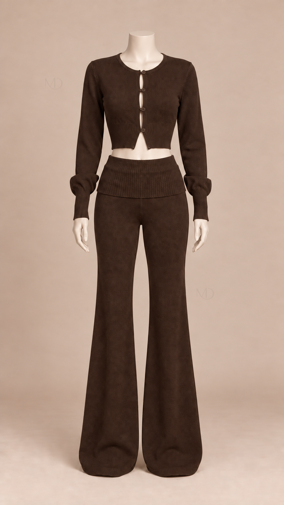 Mila Cropped Cardigan Pants Set — Brown mannequin front