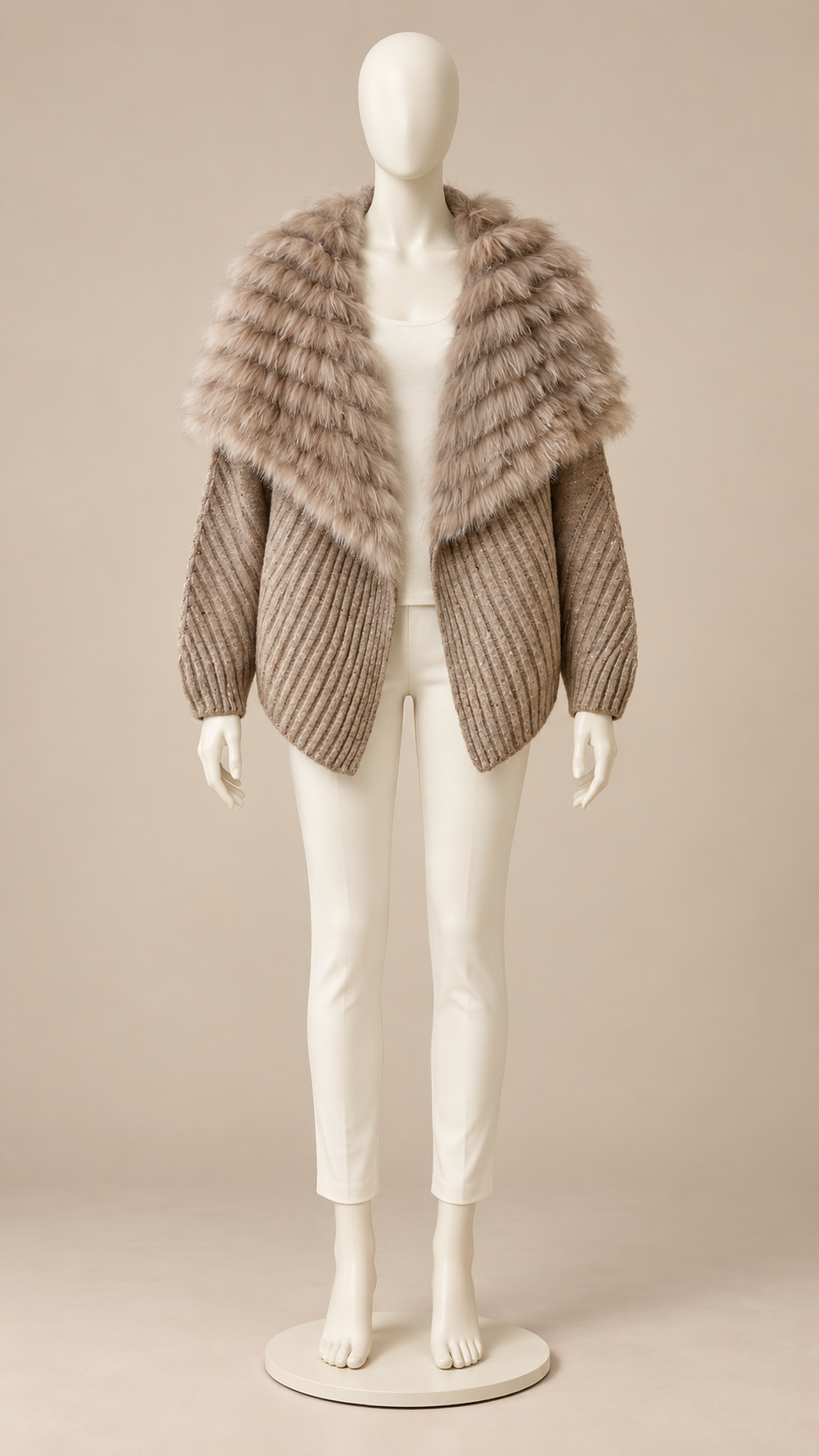 Delia Fur-Trim Cardigan — Brown mannequin front
