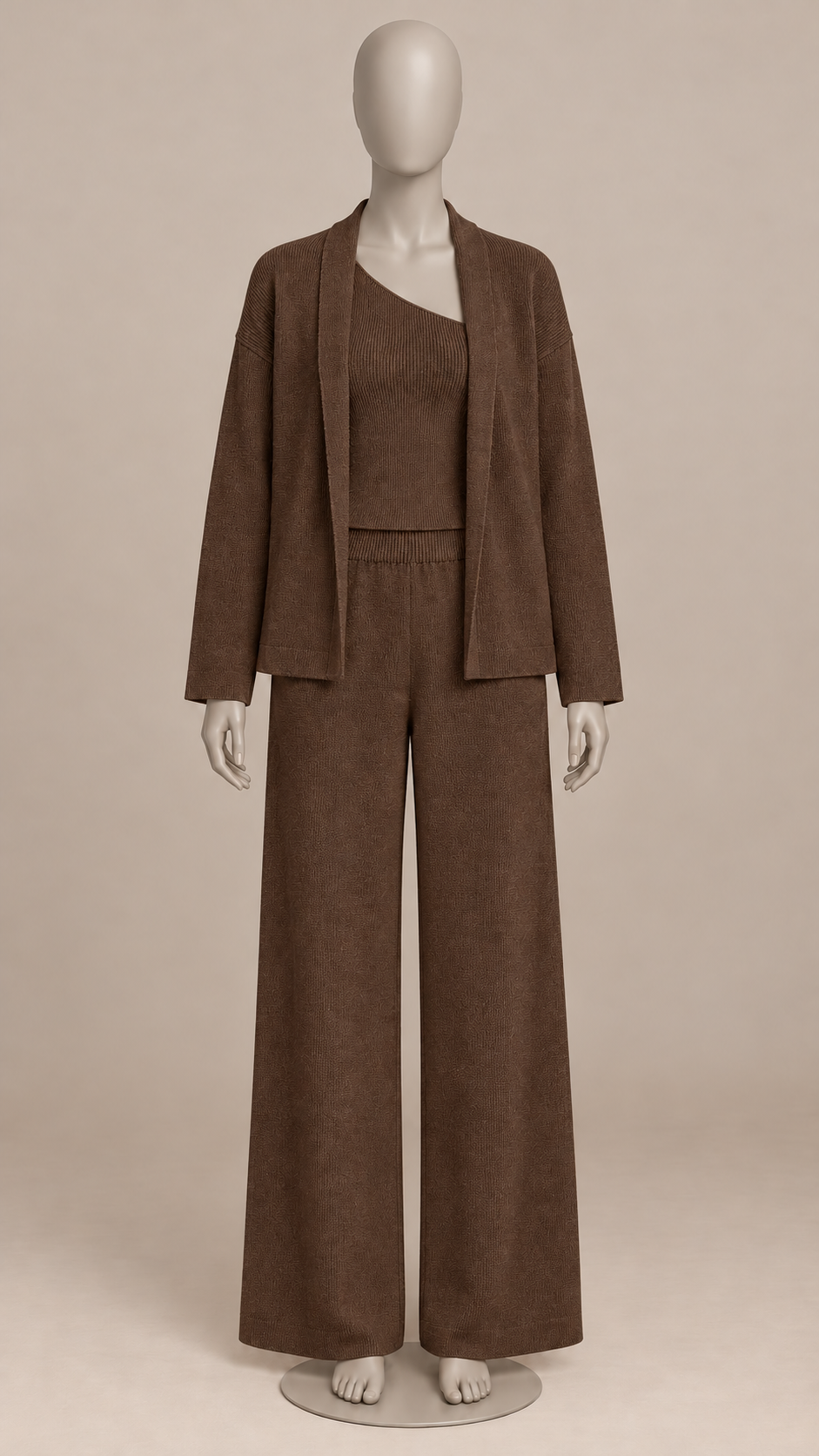 Gwenllian One-Shoulder Knit Set — Brown mannequin front