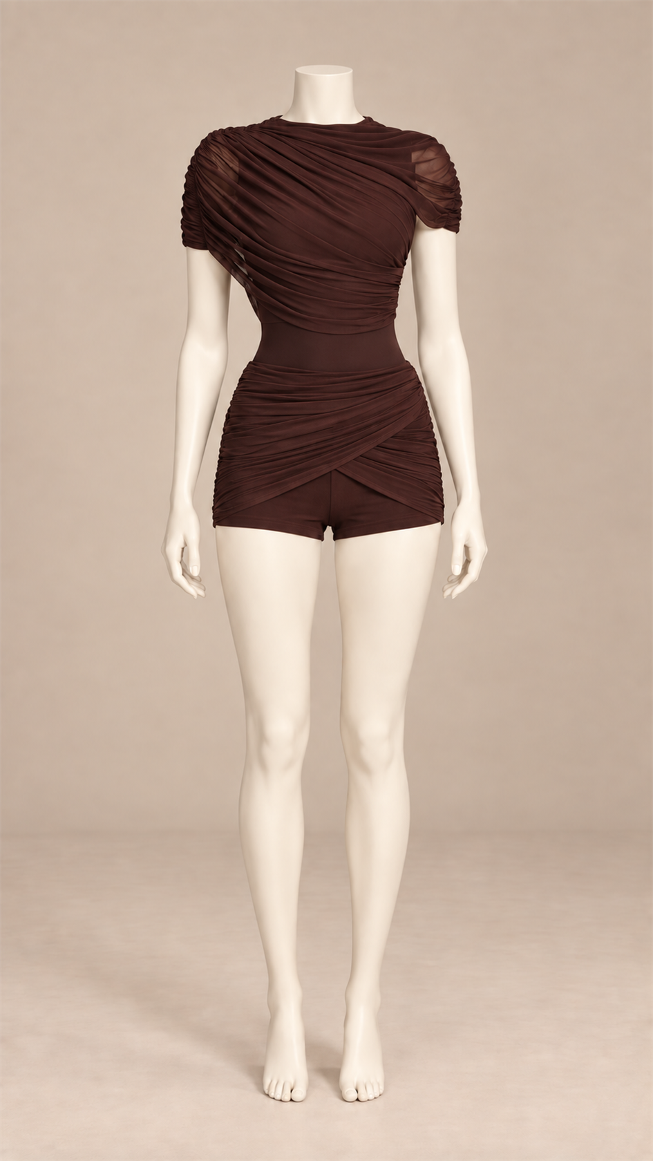 Solene Draped Mesh Set — Brown mannequin front
