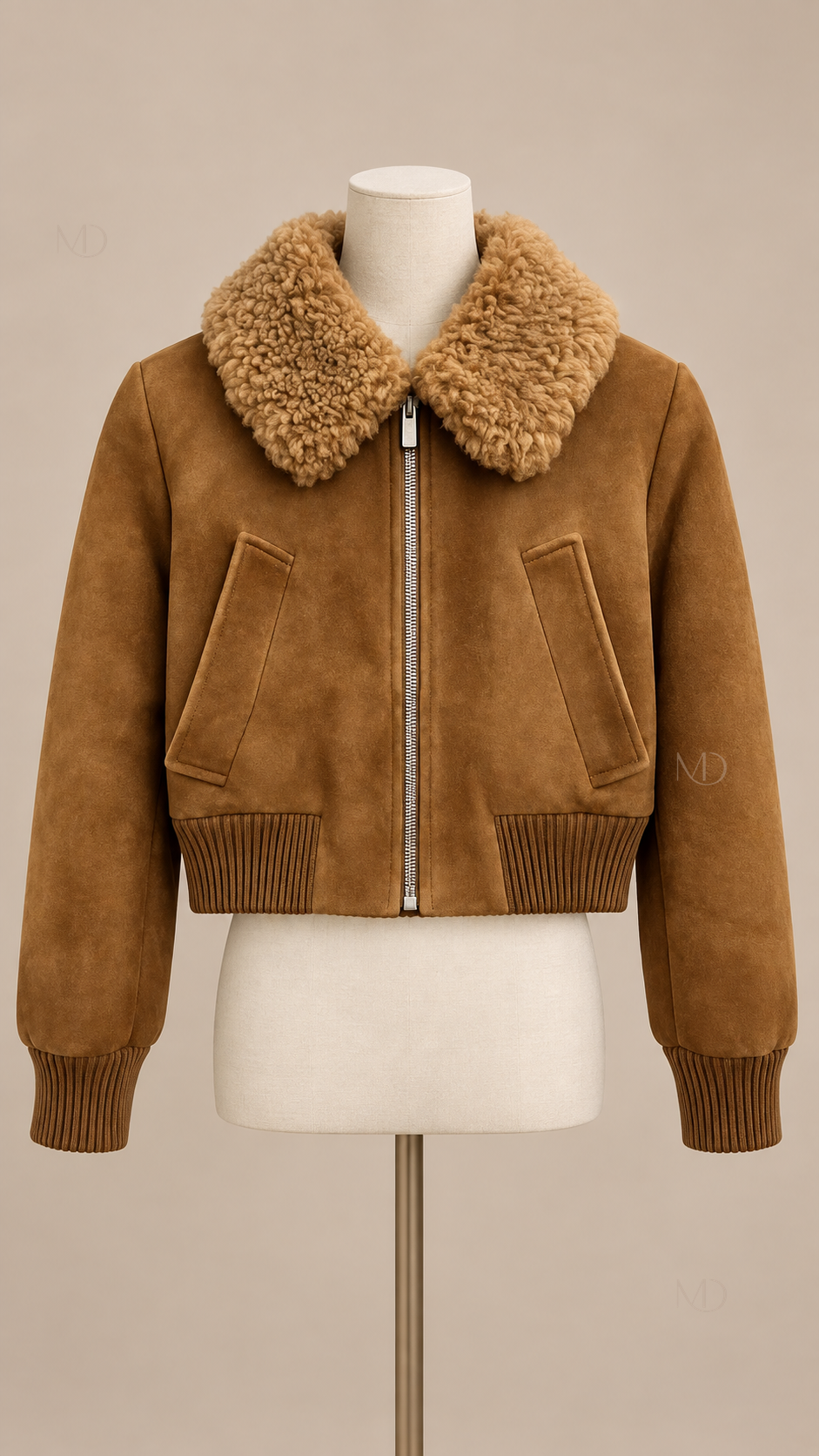 Mara Shearling Bomber Jacket — Brown mannequin front