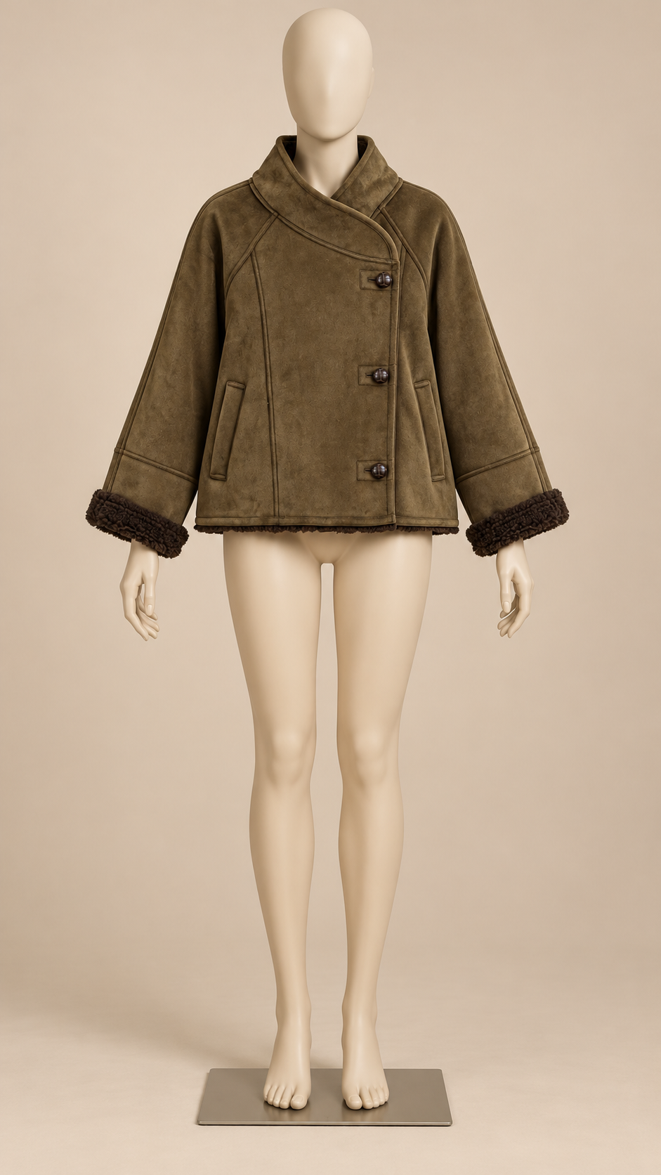 Ravenna Sherpa-Cuff Jacket — Brown mannequin front