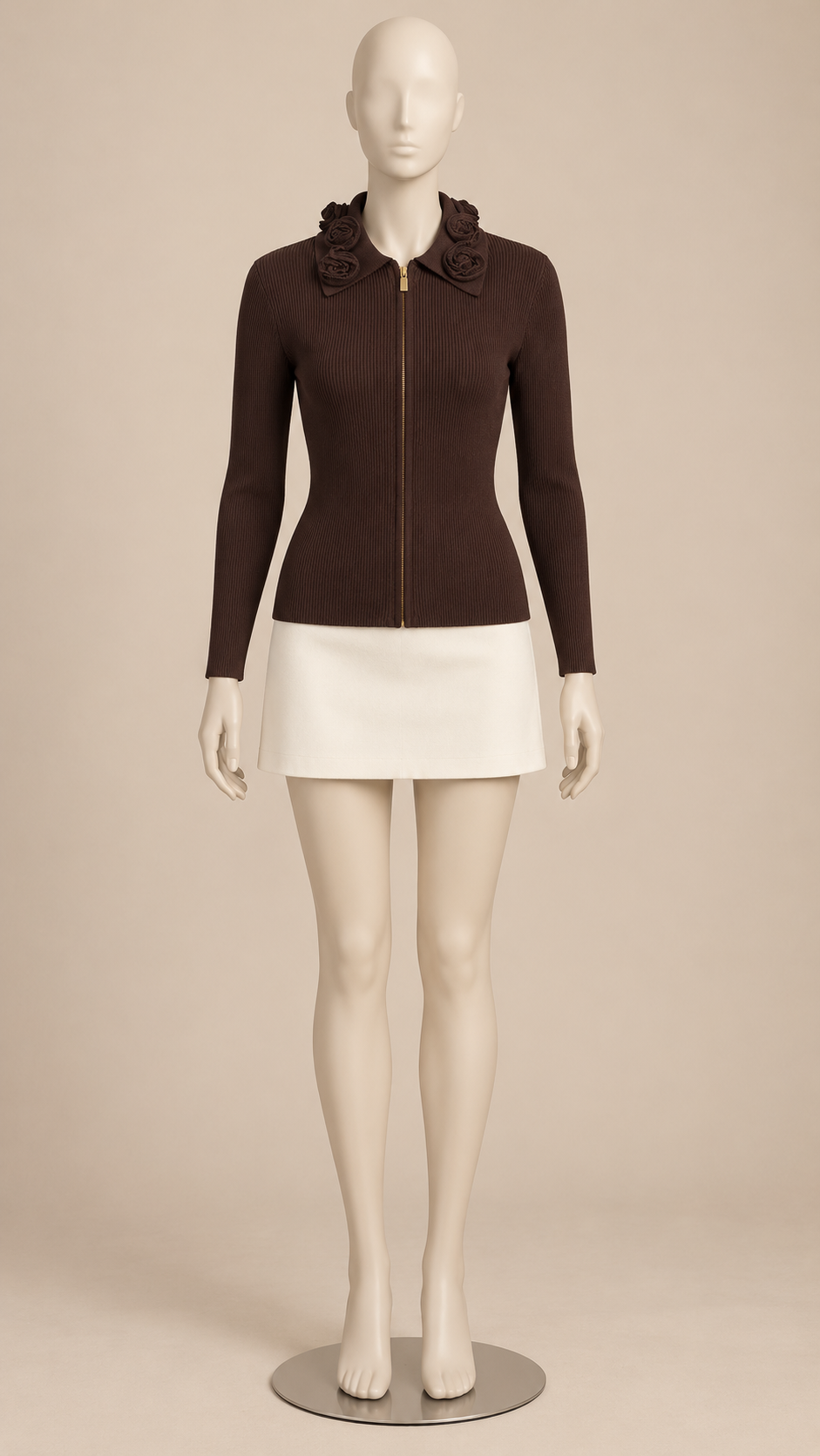 Wilhelmina Rosette-Collar Cardigan — Brown mannequin front