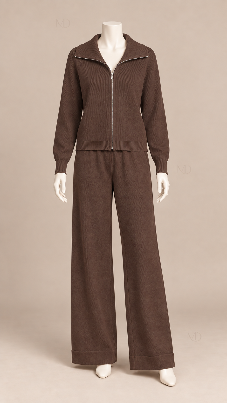 Elise Zip Cardigan Pants Set — Brown mannequin front