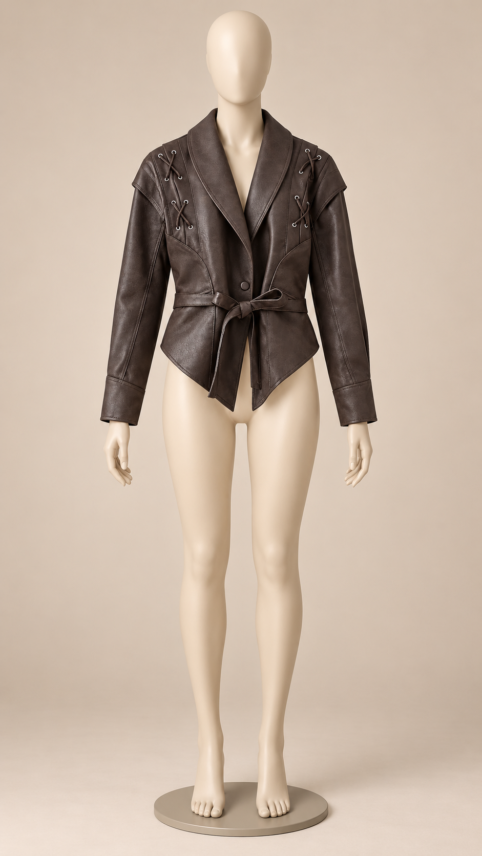 Annora Lace-Up Wrap Jacket — Brown mannequin front