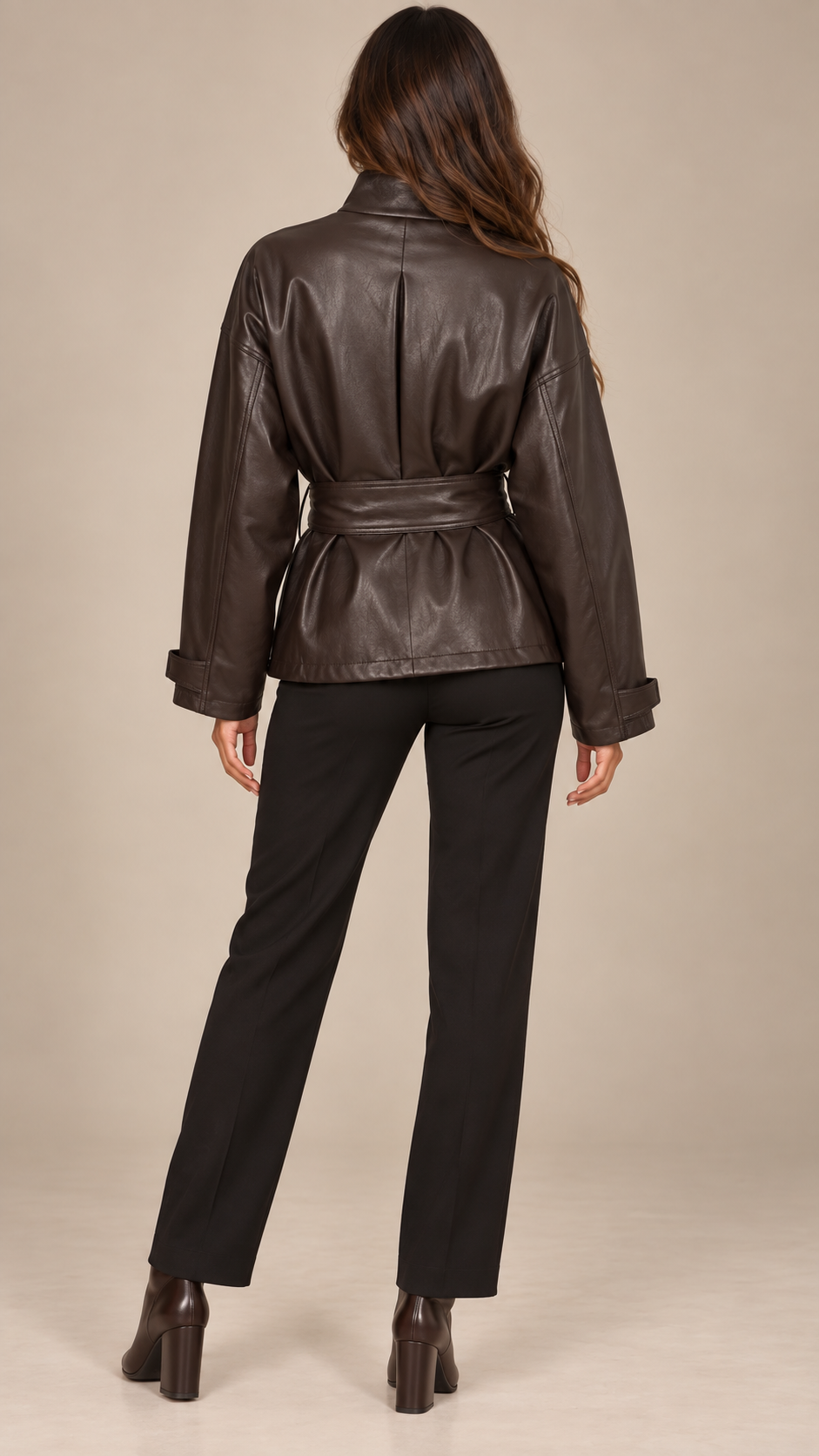 Vivienne Belted Moto Jacket — Brown model back