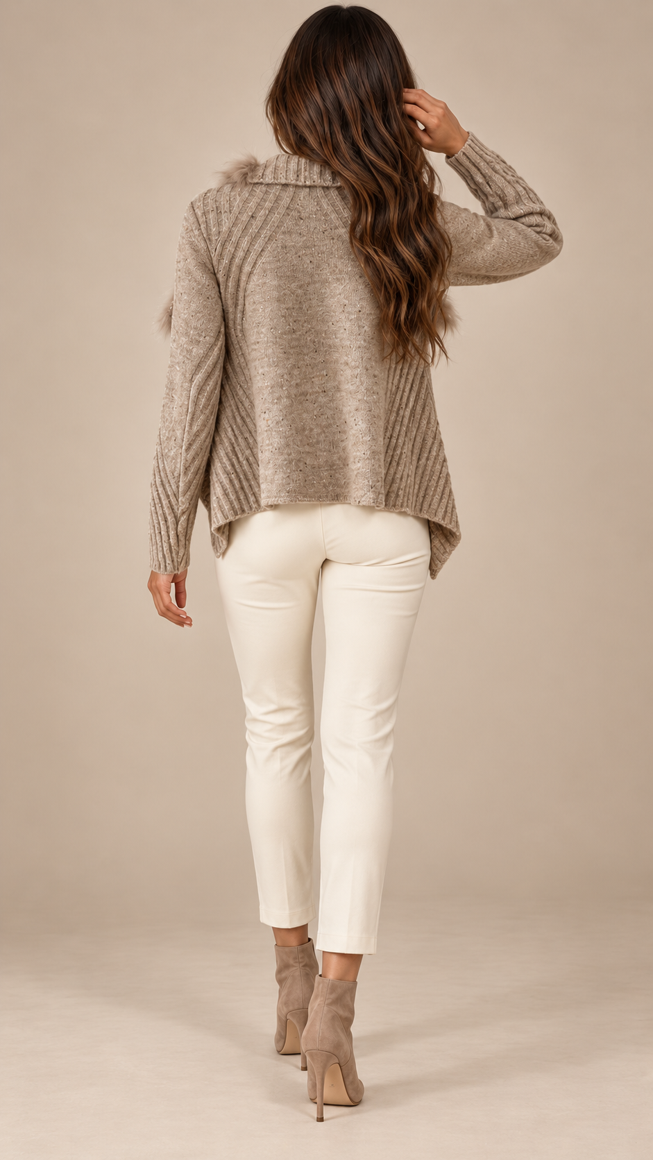 Delia Fur-Trim Cardigan — Brown model back