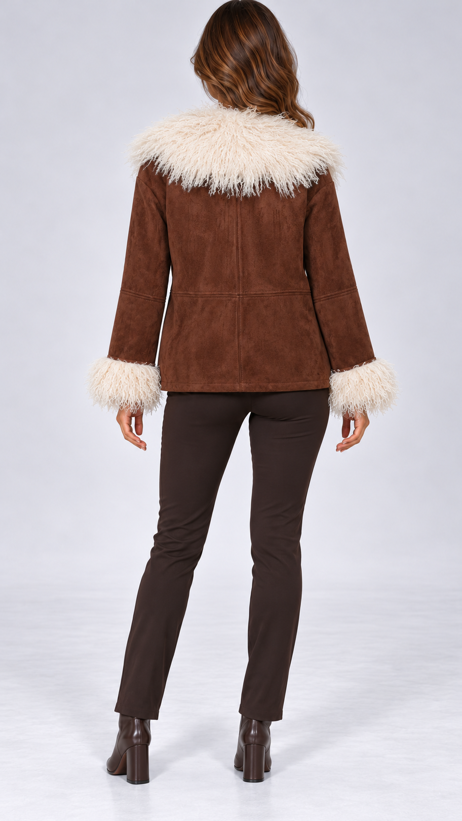 Sylvaine Shag-Collar Jacket — Brown model back