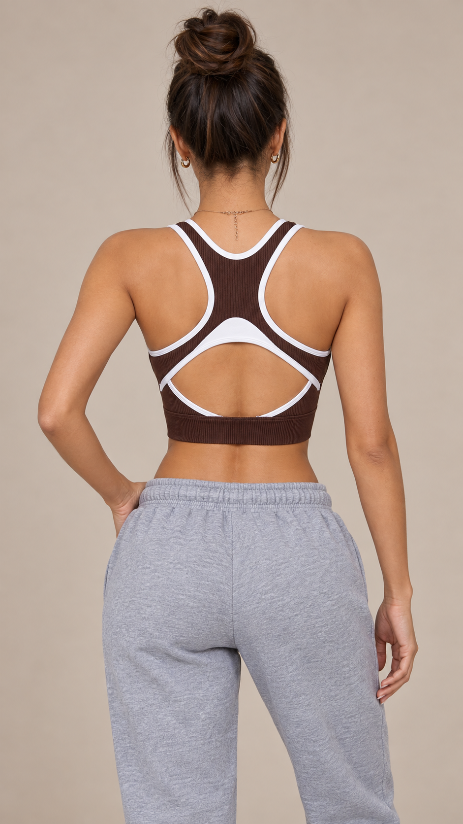 Kaia Cutout Racerback Sports Bra — Brown model back