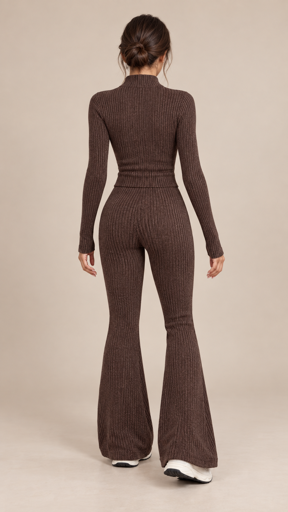 Nova Ribbed Flare Yoga Set — Brown model back