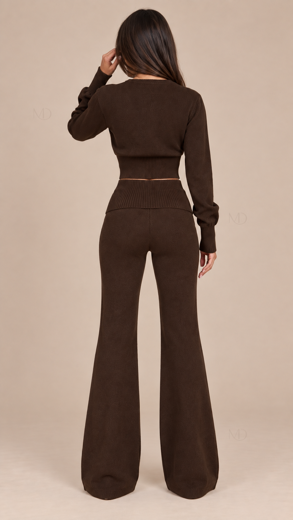 Mila Cropped Cardigan Pants Set — Brown model back
